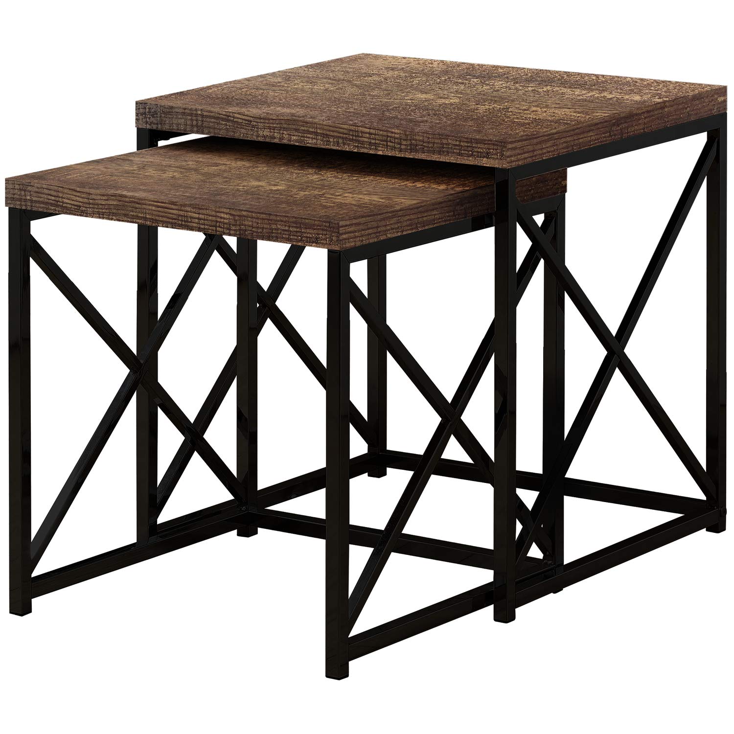 Monarch Specialties TABLE-2PCS SET/BROWN RECLAIMED WOOD/BLACK NESTING TABLE