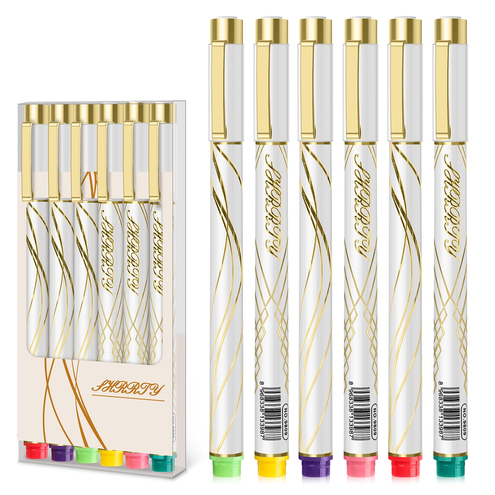 Colored Pens Bulk 6-Pack,Cute Noble Gold Line Penholder Pens,Colorful Pen Gel Pens,Waterproof Color Micro-Pen,White And Simple F