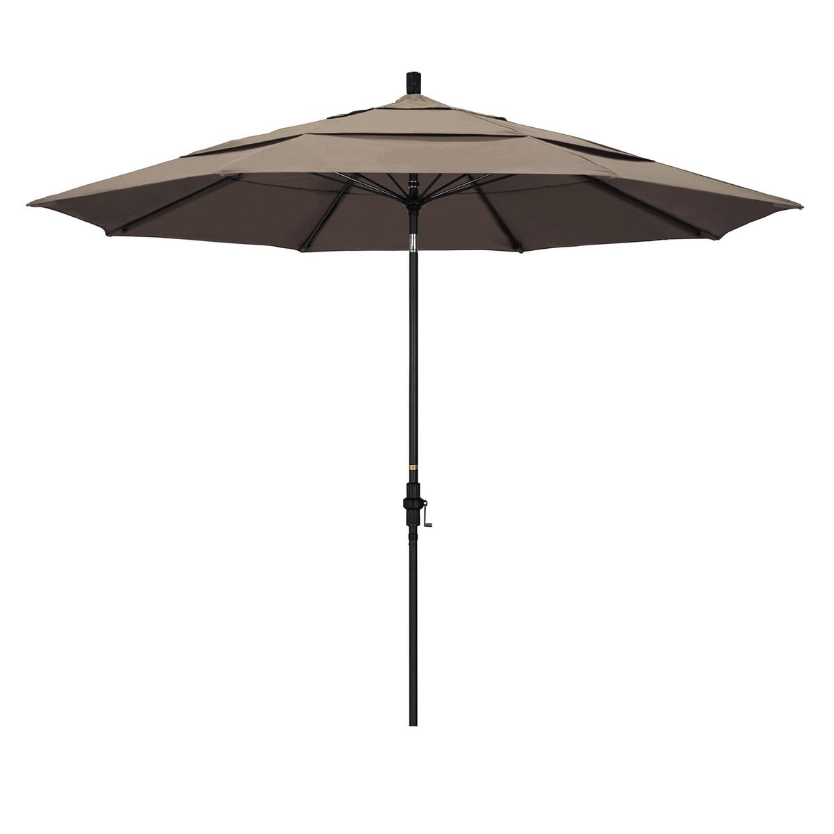 California Umbrella 11' Round Aluminum Pole Fiberglass Rib Patio Umbrella, Crank Lift, Collar Tilt, Black Pole, Sunbrella Taupe