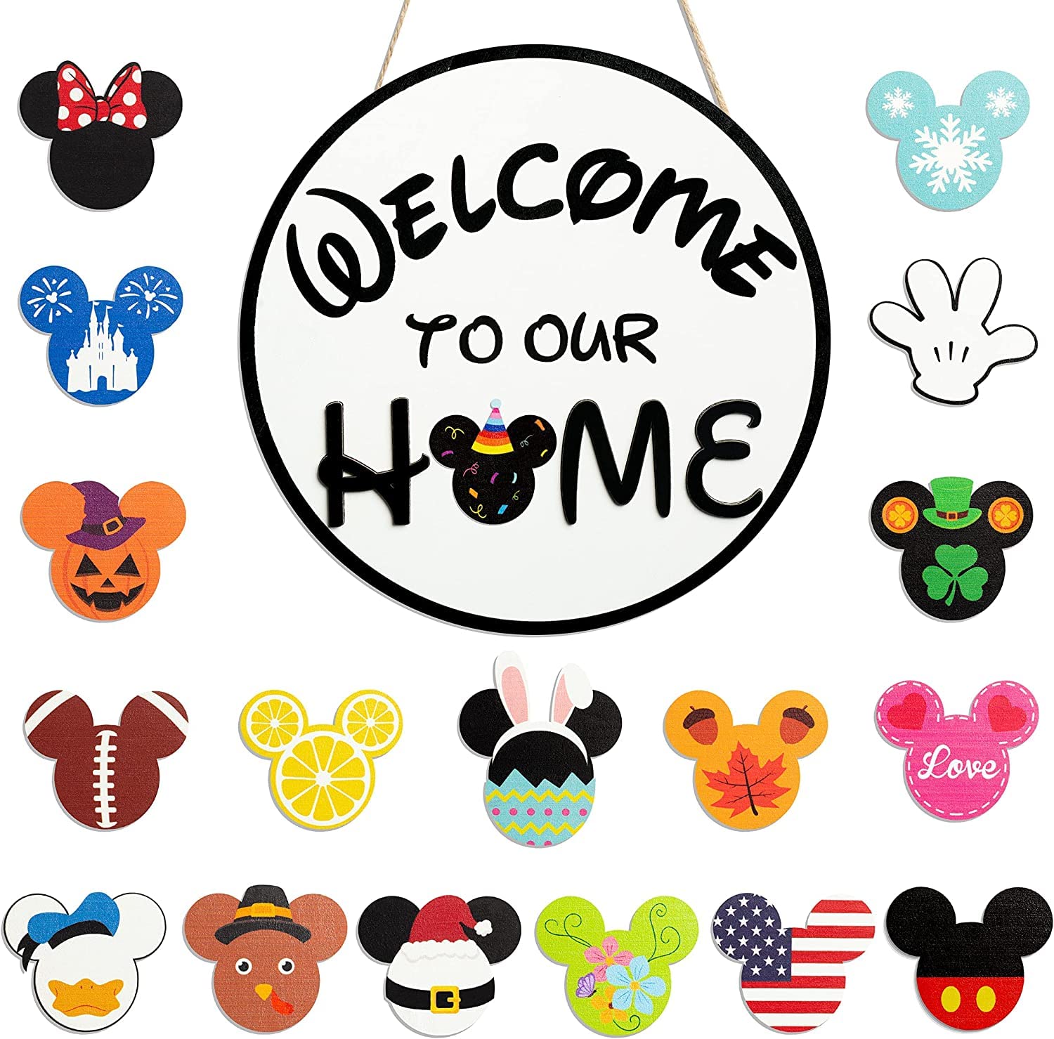 SUPYFD19Pcs Cute Mouse Interchangeable Seasonal Welcome Door Sign for Front Door Decor, Welcome to Our Home Sign with Interchang