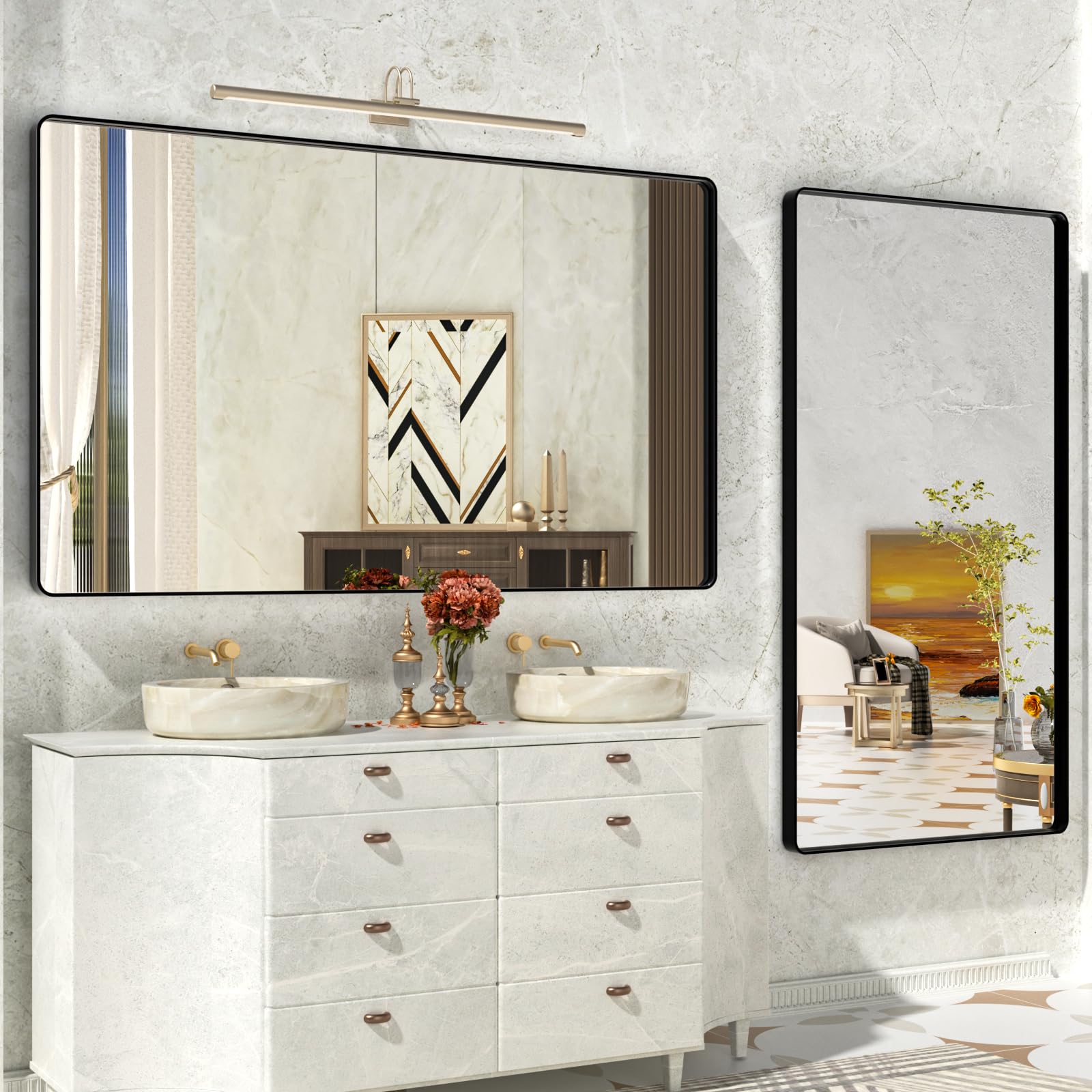 Istripmf Black Bathroom Mirror,48X36 Inch Large Matte Black Bathroom Vanity Mirror,Rectangle Black Metal Framed Mirror For Wall,