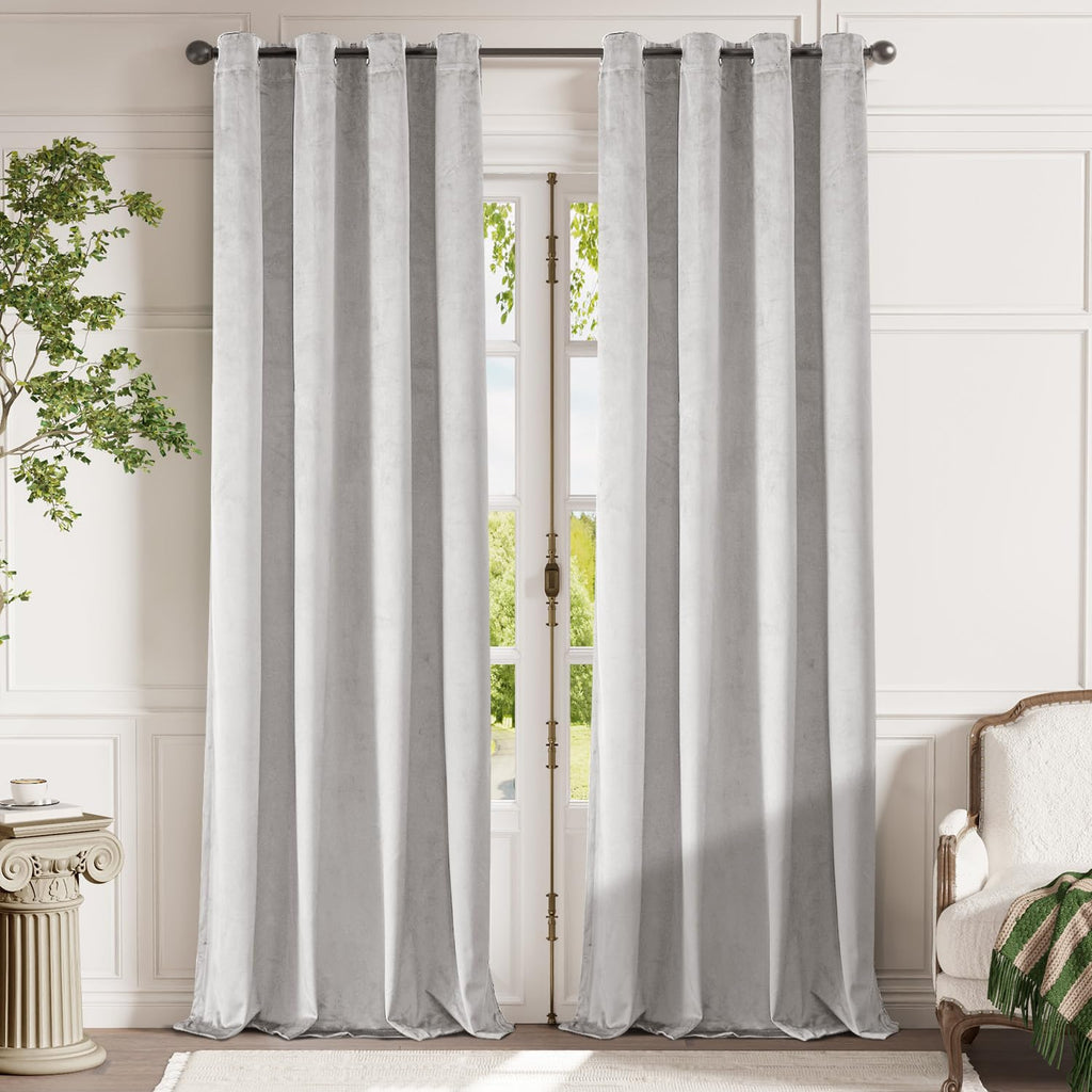 Lazzzy Light Gray Velvet Curtains Thermal Insulated Curtains 96 Inch Lenth Room Darkening Window Drapes For Bedroom Living Room Super Soft Luxury Window Treatment 2 Panels Grommet