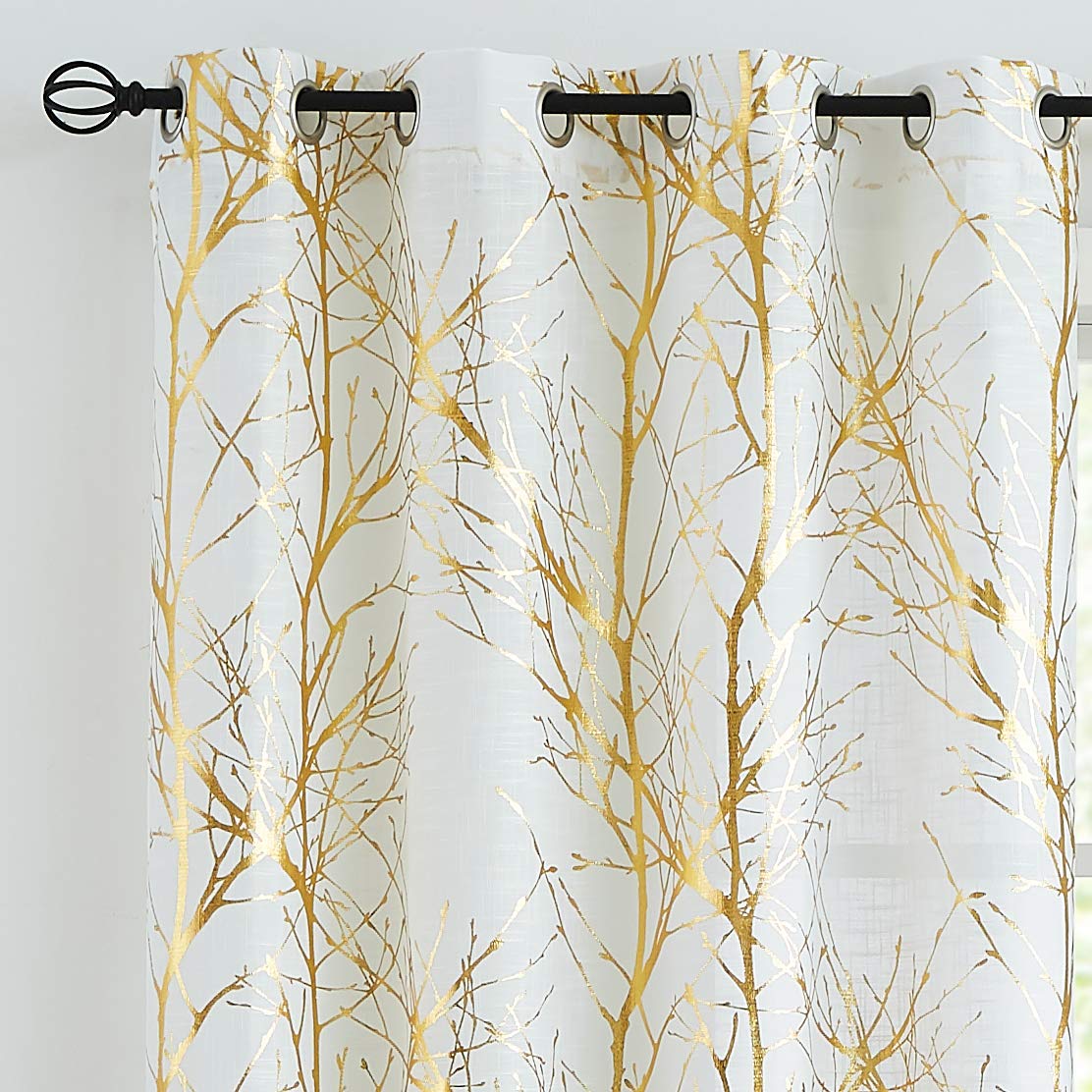 Fmfunctex Metallic Tree Curtains For Bedroom Living Room 54' Foil Gold White Tree Print Semi-Sheer Window Drapes Linen Texture