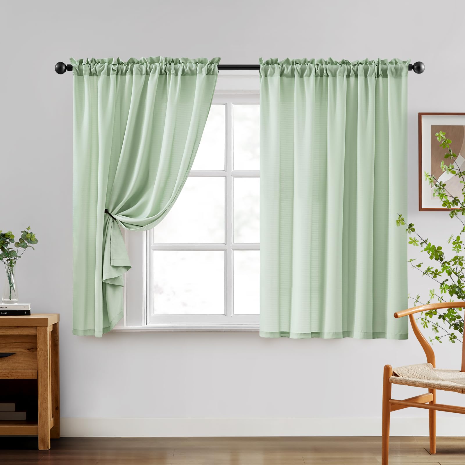 Homeideas Non-See-Through Sage Green Privacy Sheer Curtains 52 X 54 Inches Long 2 Panels Set, Fish Bone Pattern Semi Sheer Curta