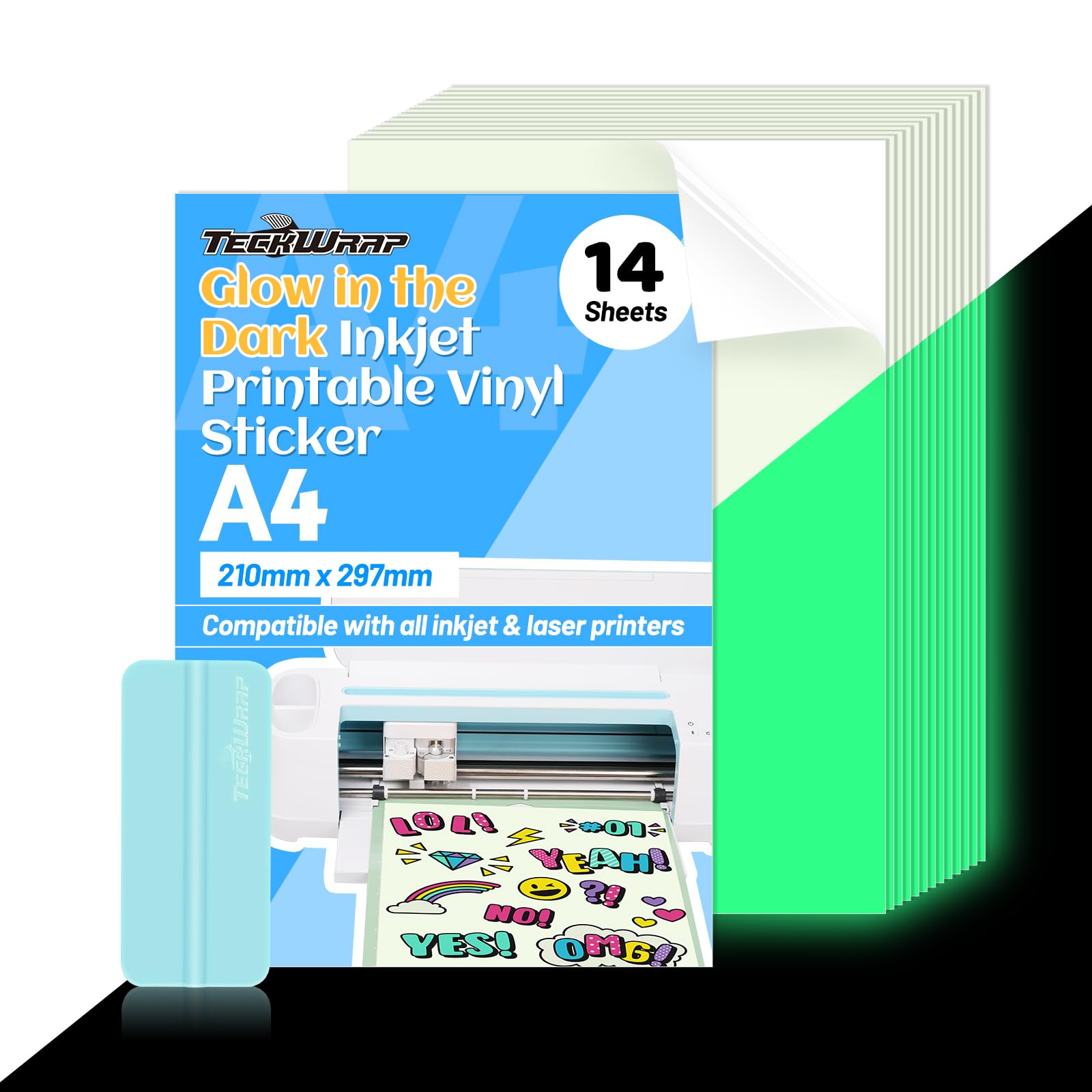 Teckwrap Printable Vinyl Sticker Paper For Inkjet Printer, Glow In The Dark Vinyl Inkjet Printable Sticker Paper, 8.26' X 11.69