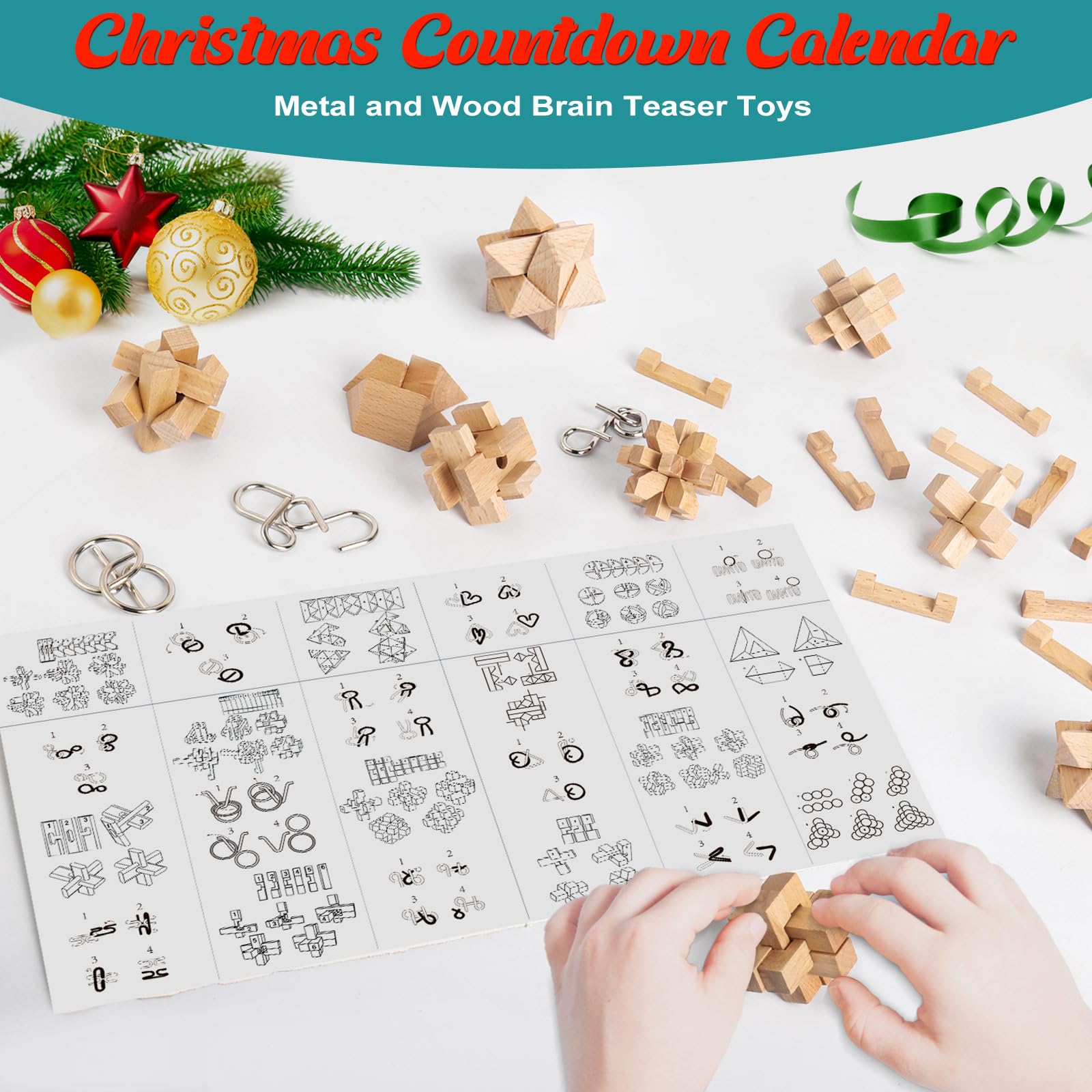 Brain Teaser Advent Calendar 2024 For Kids - 24 Days Of Christmas Countdown Calendar With 3D Metal And Wooden Puzzle Toys-Mind,I