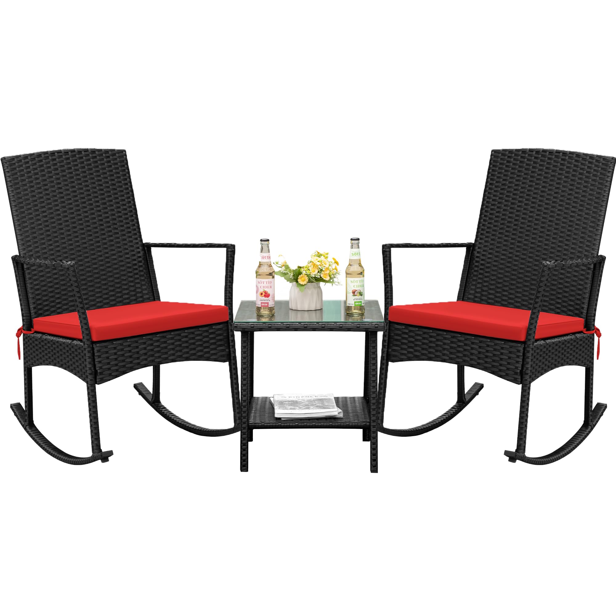 Flamaker Rocking Chair Outdoor Pe Rattan Patio Chairs With Glass Table High Back Porch Rocker For Balcony, Garden, Backyard (Red)
