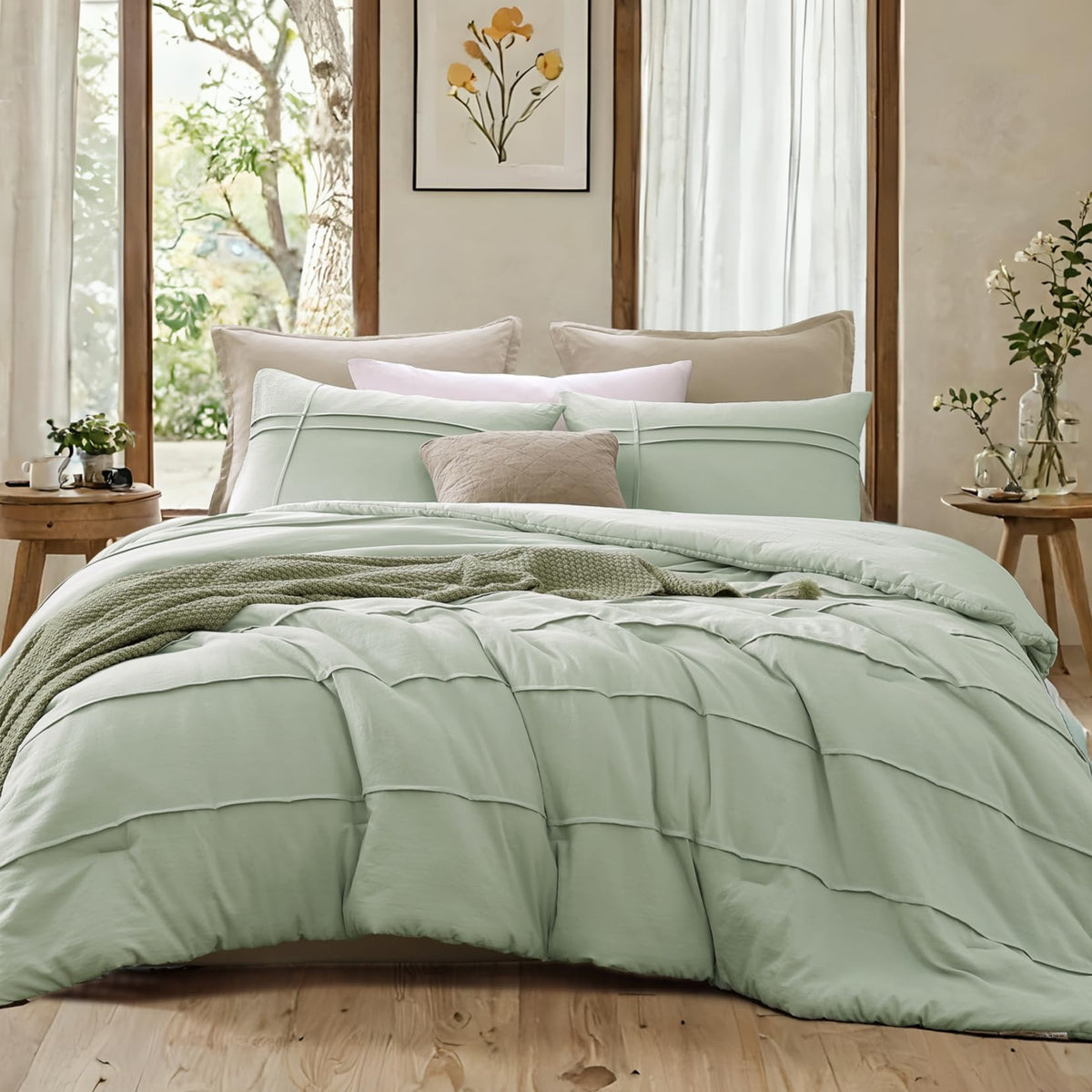 Amberspace Boho Green Queen Comforter Set, 3 Piece Queen Bedding Sets For Lightweight Comforter, Pinch Pleat Fluffy Farmhouse Qu