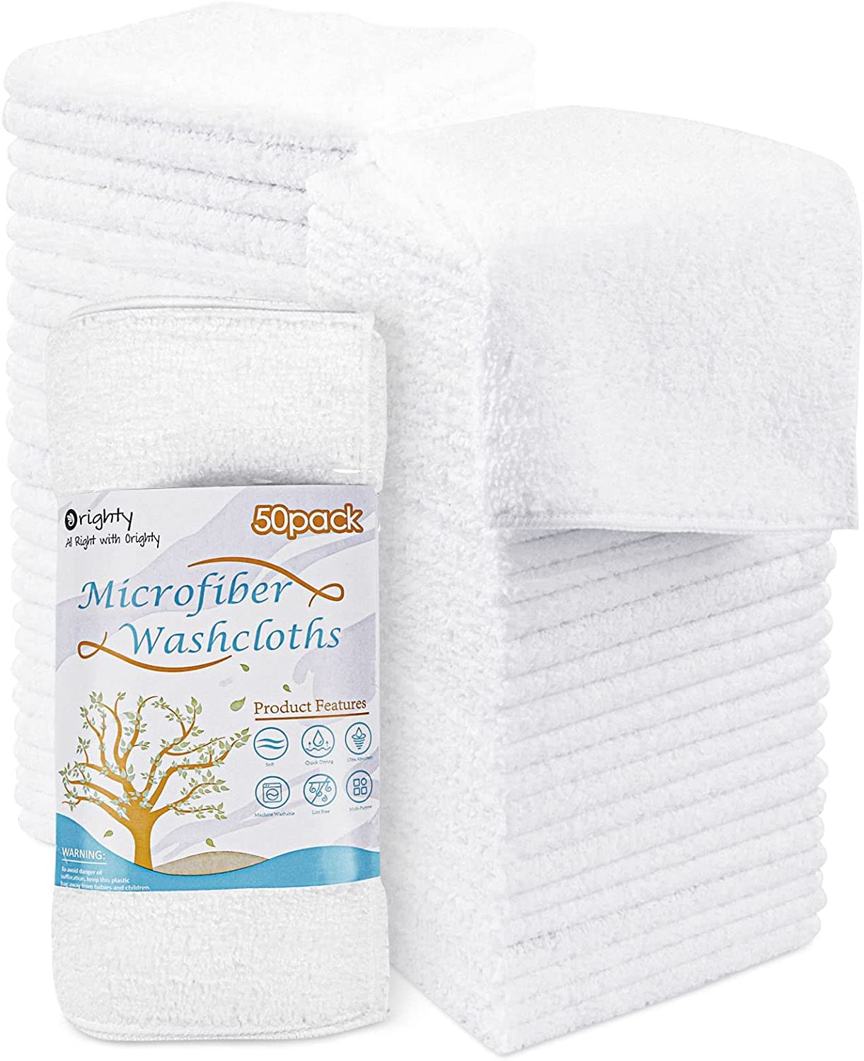 Orighty Microfiber Washcloths Towels Set 50 Pack, Highly Absorbent and Soft Feel Face Cloths, Multi-Purpose Wash Cloths for Bath