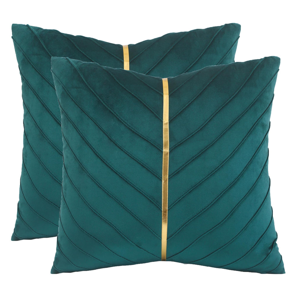 Tosleo Peacock Blue Velvet Throw Pillow Covers 16X16 Inch Pack Of 2 With Gold Leather Decorative Couch Pillowcases Luxury Modern