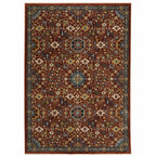 HomeRoots 507980 8 x 11 ft. Red Blue Gold & Ivory Oriental Power Loom Stain Resistant Rectangle Area Rug with Fringe