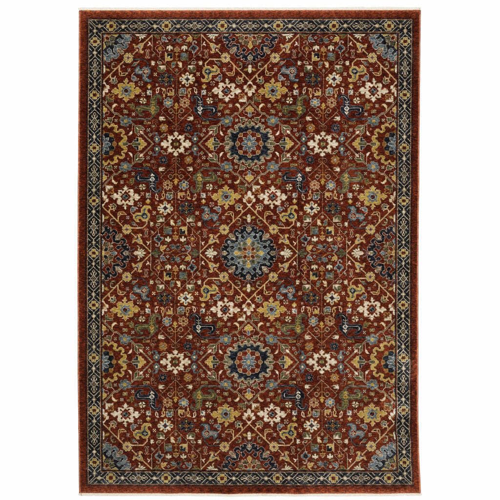 HomeRoots 507980 8 x 11 ft. Red Blue Gold & Ivory Oriental Power Loom Stain Resistant Rectangle Area Rug with Fringe