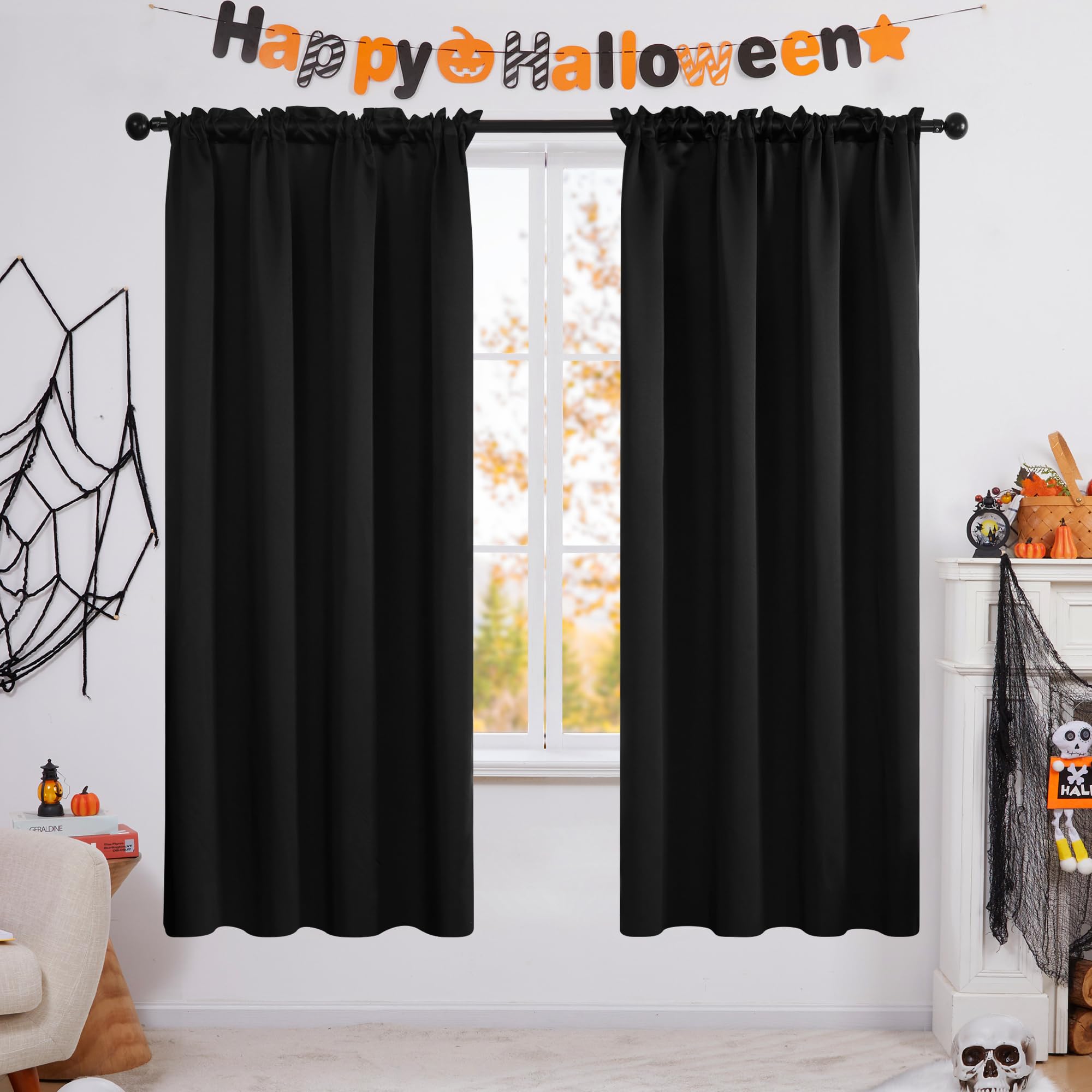 Deconovo Soild Rod Pocket Blackout Curtains, Black, 42W X 72L