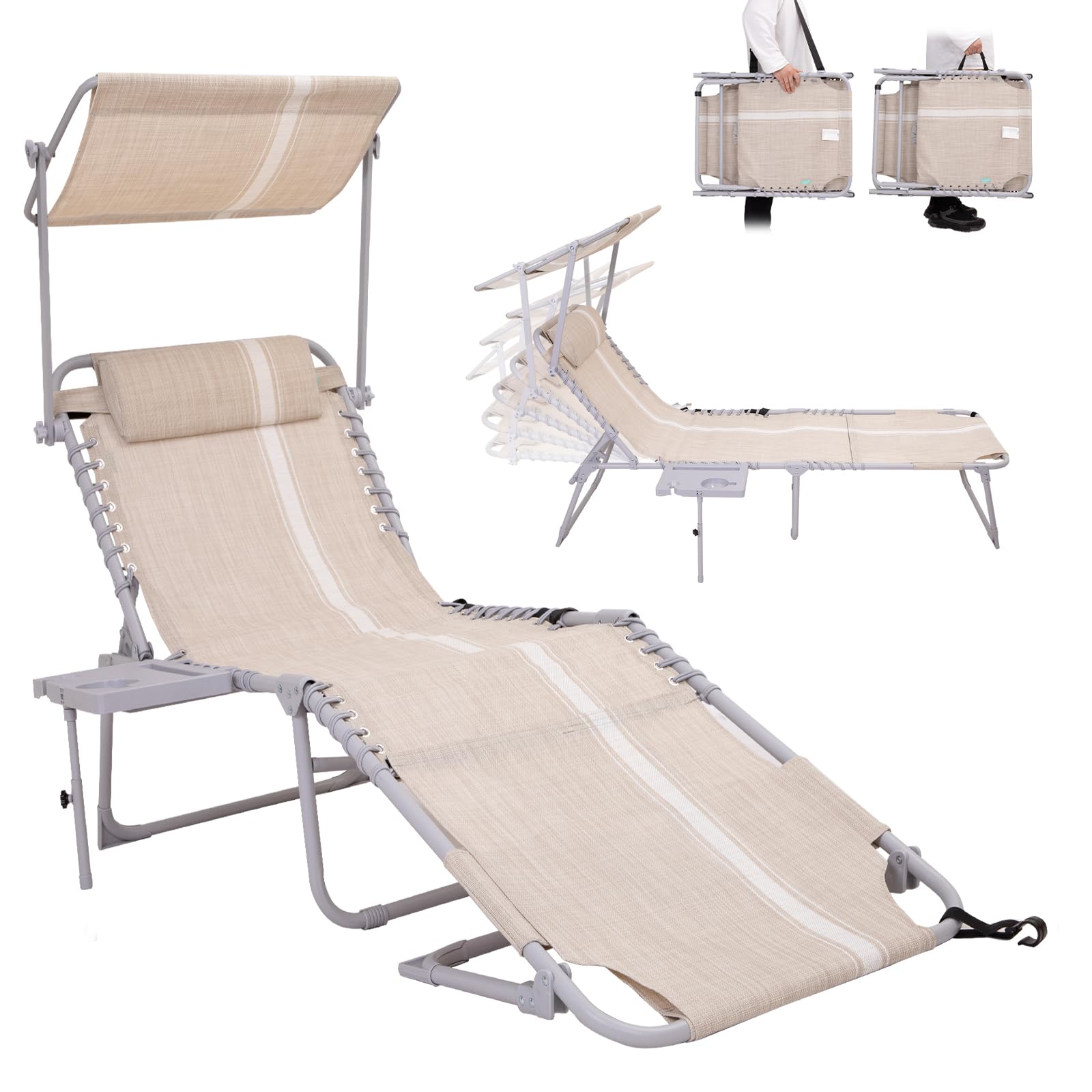 #Wejoy Patio Chaise Lounge Chair With Canopy Shade Outdoor Folding Chaise Lounge Chair With 5 Adjustable Position, Side Table, Face Holes,Pocket For Patio Lawn Beach Pool Sun Sunbathing