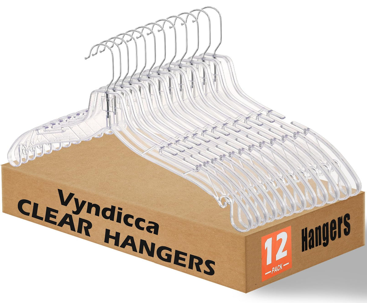 Vyndicca 12 Pack Clear Plastic Hangers, Shirt Hanger Clear Hangers, 16.7 in