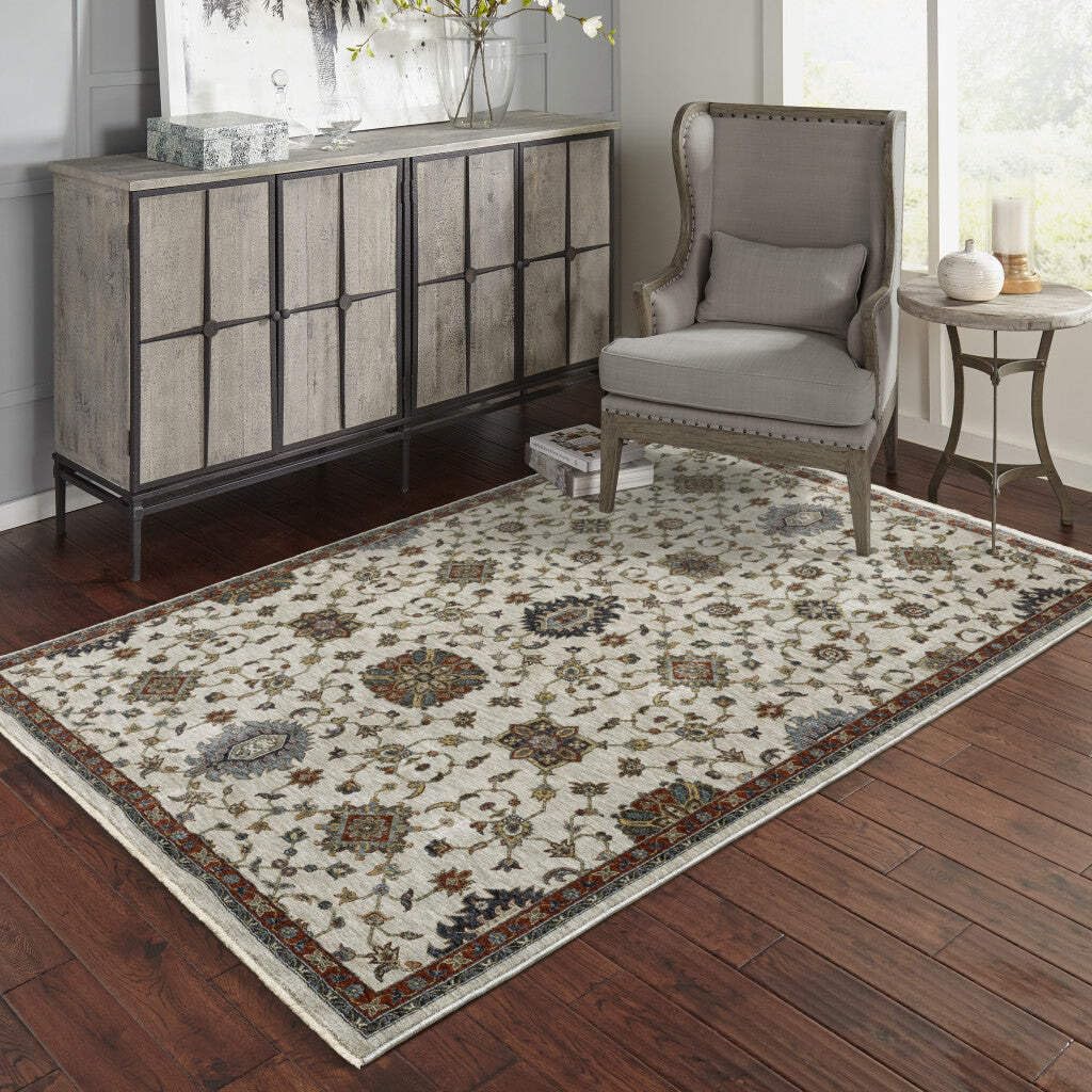 HomeRoots 508030 10 x 13 ft. Beige Rust Red Blue Gold & Gray Oriental Power Loom Stain Resistant Rectangle Area Rug with Fringe
