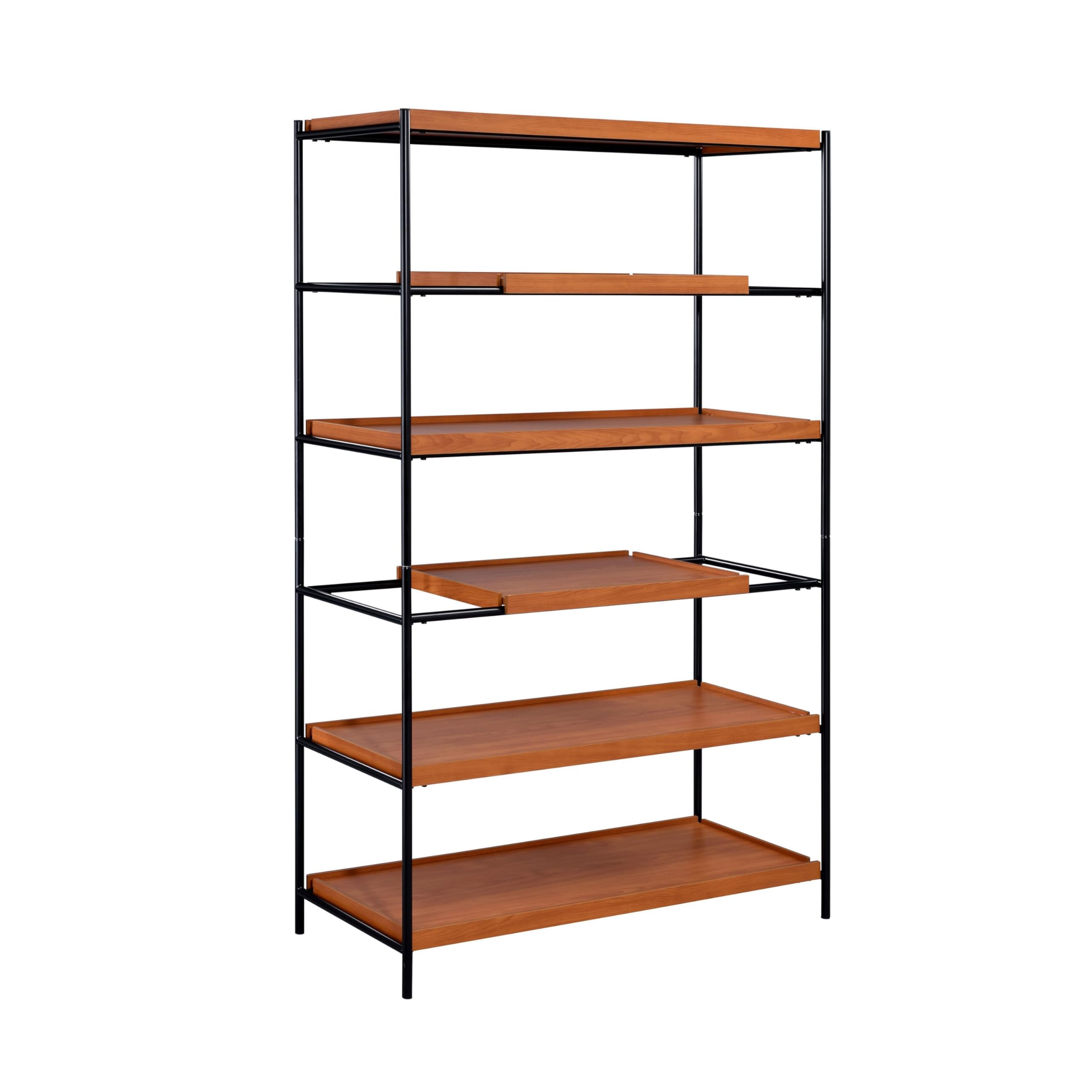 Benjara 5 Tier Wooden Bookshelf With Open Metal Frame, Brown And Black