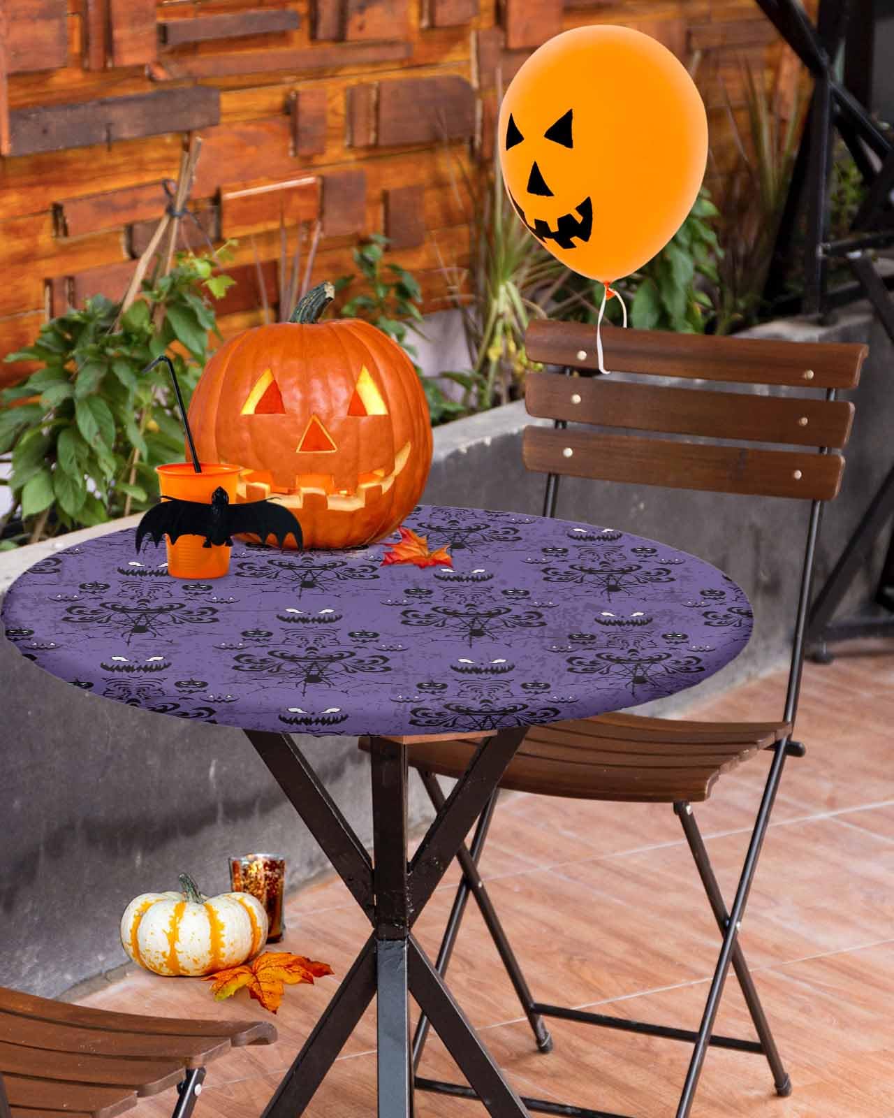 Halloween Ghost Spiders Fitted Round Tablecloth,Horror Theme Table Cover With Elastic Edge Waterproof Table Cloth,Purple Back Circle Table Covers For Kitchen Indoor Outdoor Picnic Party 55-60In