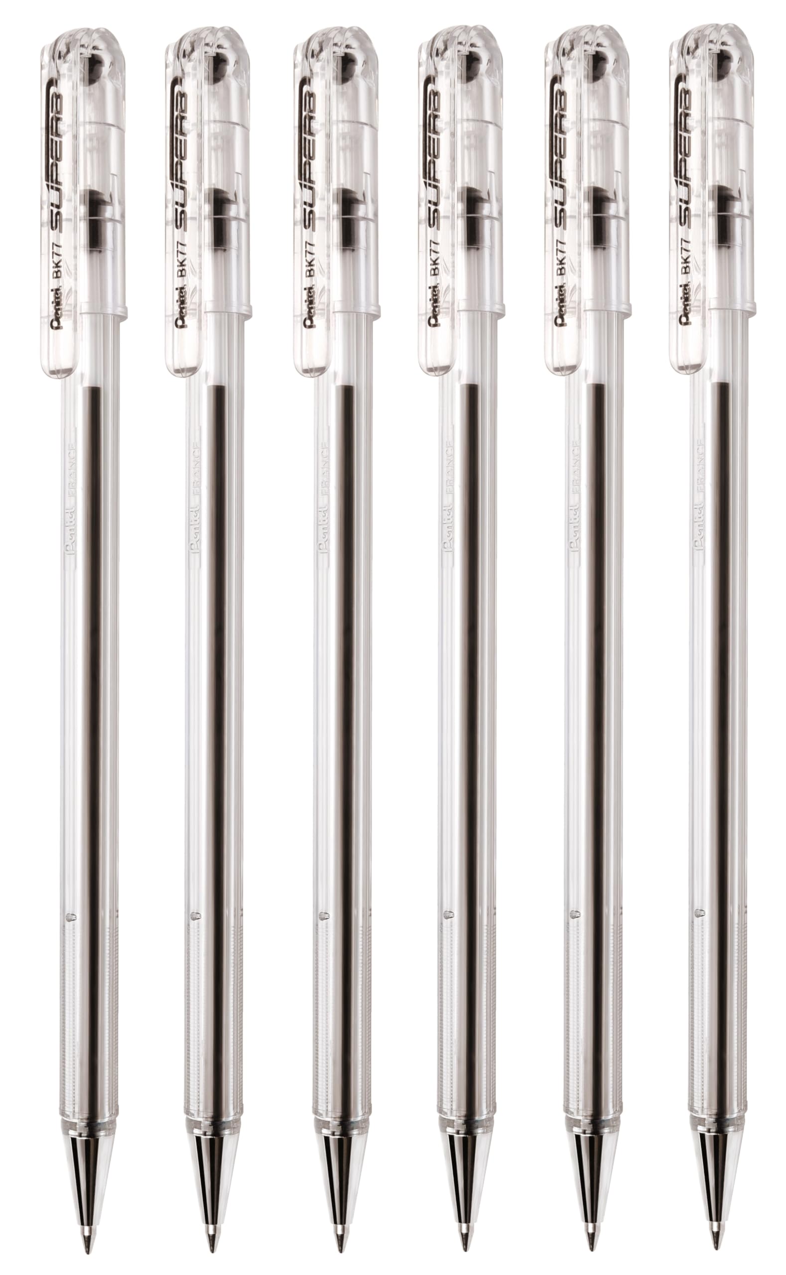 Pentel Black Superb Ballpoint Pen Ball Point Pens 0.7Mm Nib Tip 0.25Mm Line Width Fine Line Refillable Ink Bk77 (Pack Of 6)