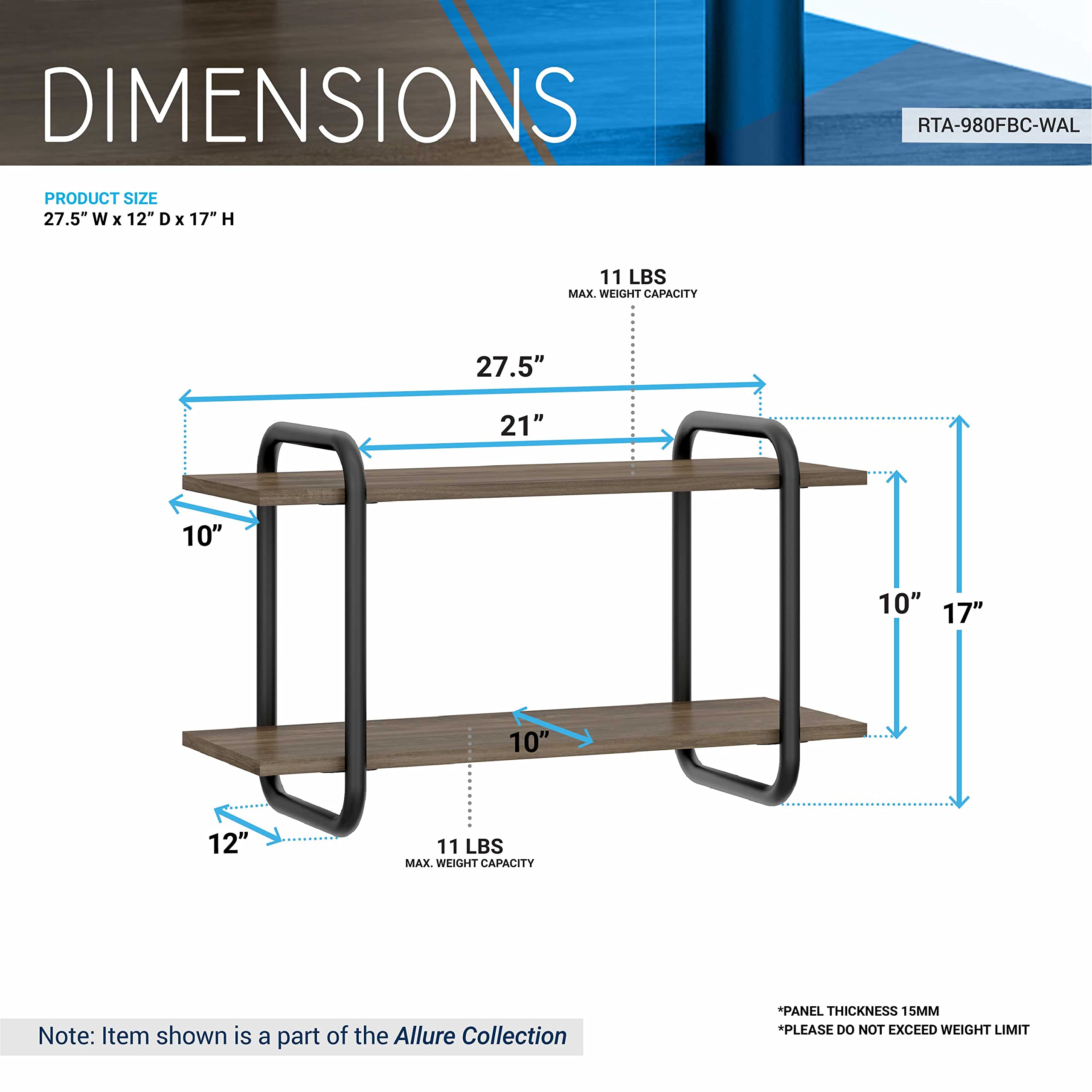 Techni Mobili Modern Industrial Walnut Floating Shelves - 2 Tier Wall Mount Shelf For Bedroom, Living Room, Kitchen, Restroom - Easy To Assemble, Heavy Duty Floating Bookshelf - Wall Display Shelves