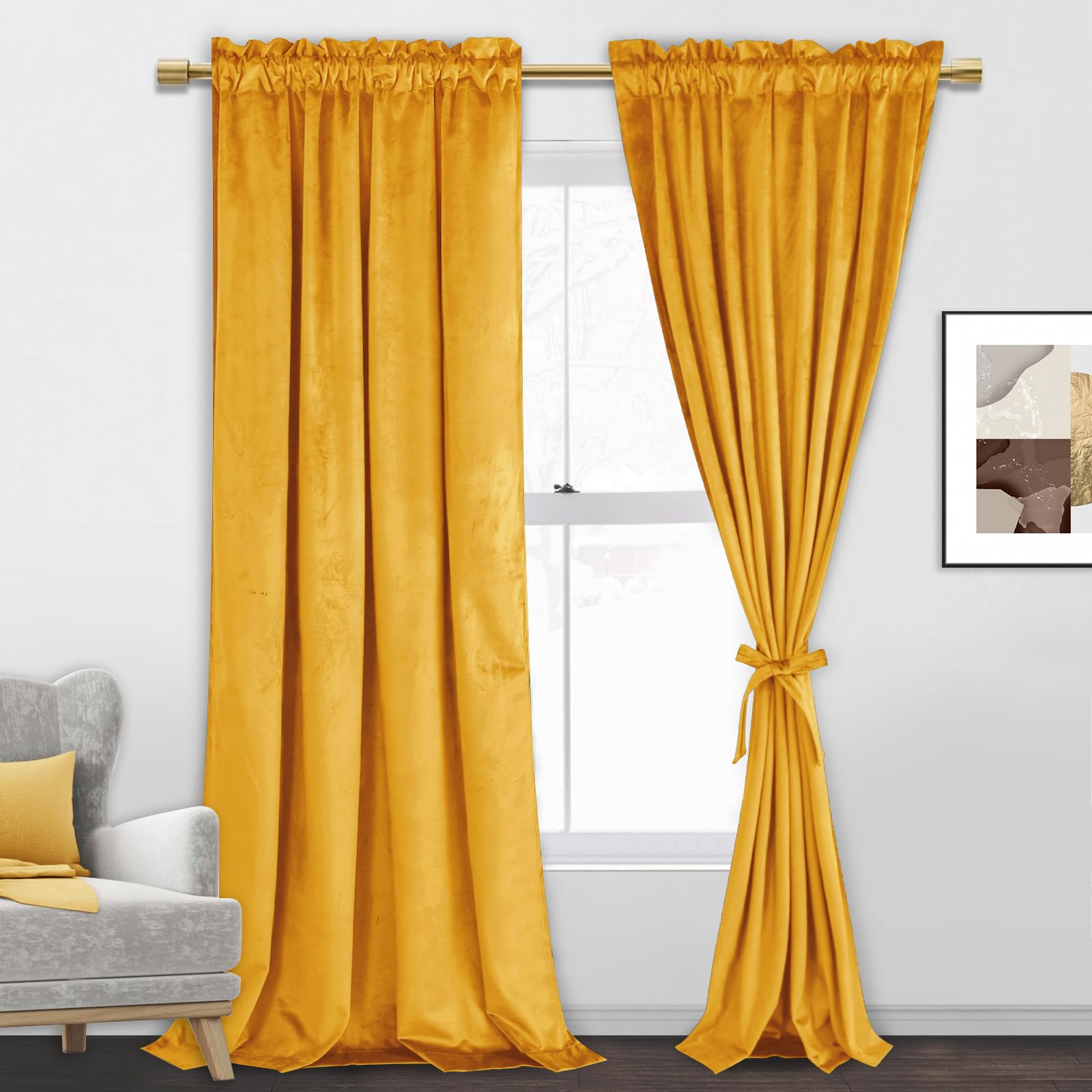 Jiuzhen Gold Velvet Curtains Super Soft Block Light Insulated Drapes For Rod Pocket Room Darkening Window Panels, Set Of 2 Panel