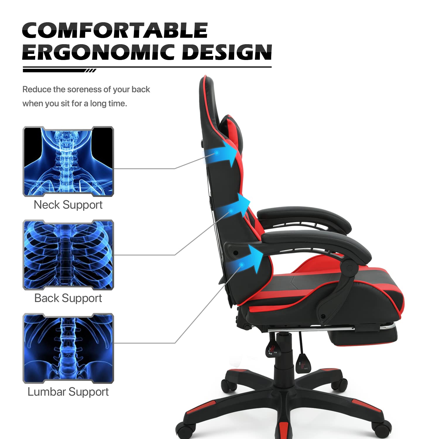 Monibloom Gaming Chair With Footrest High Back Video Game Chair With Headrest & Lumbar Support Height Adjustable Leather Swivel Computer Chair For Adult Teen Office Or Gaming, Red
