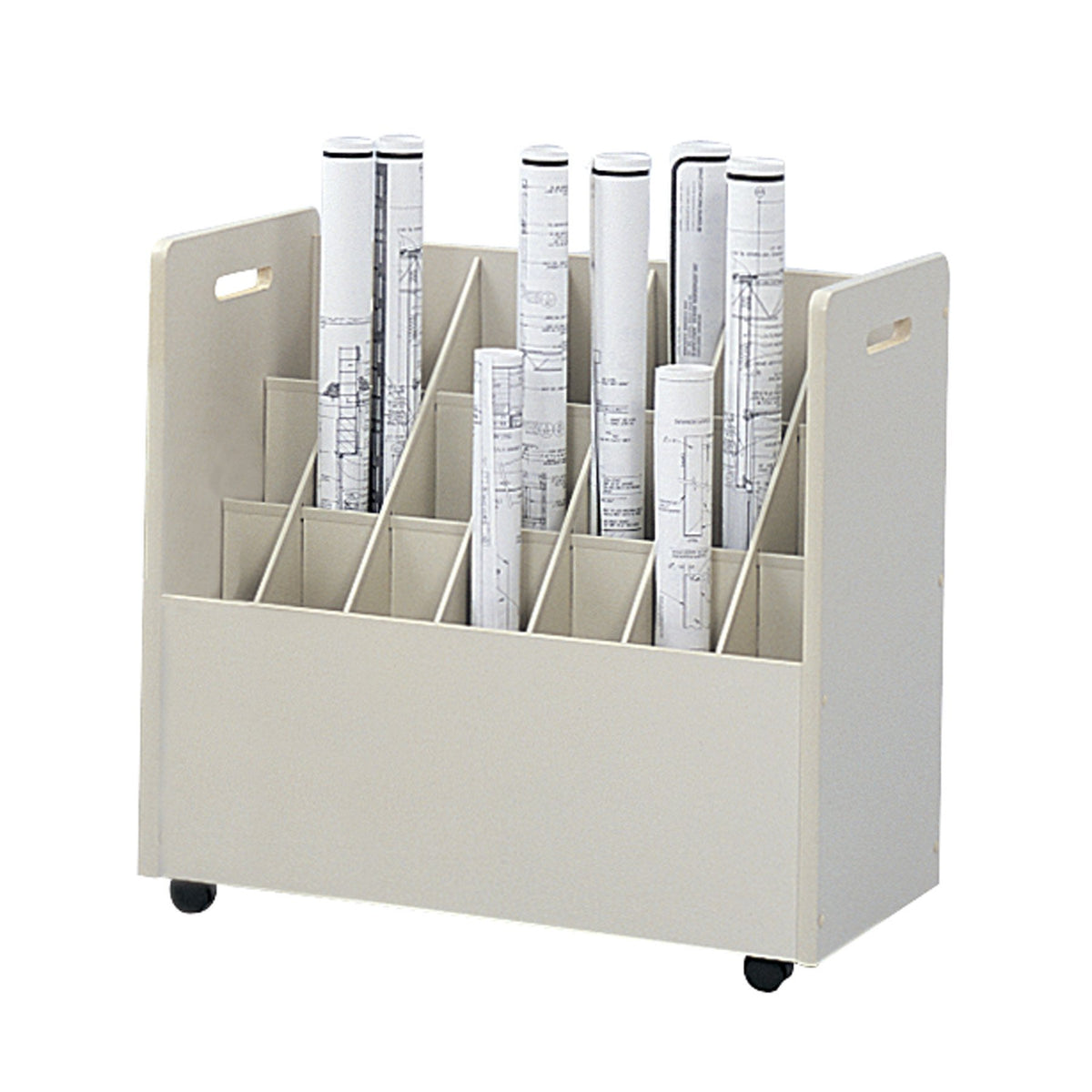 Safco 21-Compartment Mobile Roll File Cart Grandstand Design with 8 Compartments 50 lbs. Weight Cap. Durable Furniture Grade Particleboard, Textured Vinyl & Laminate Finish