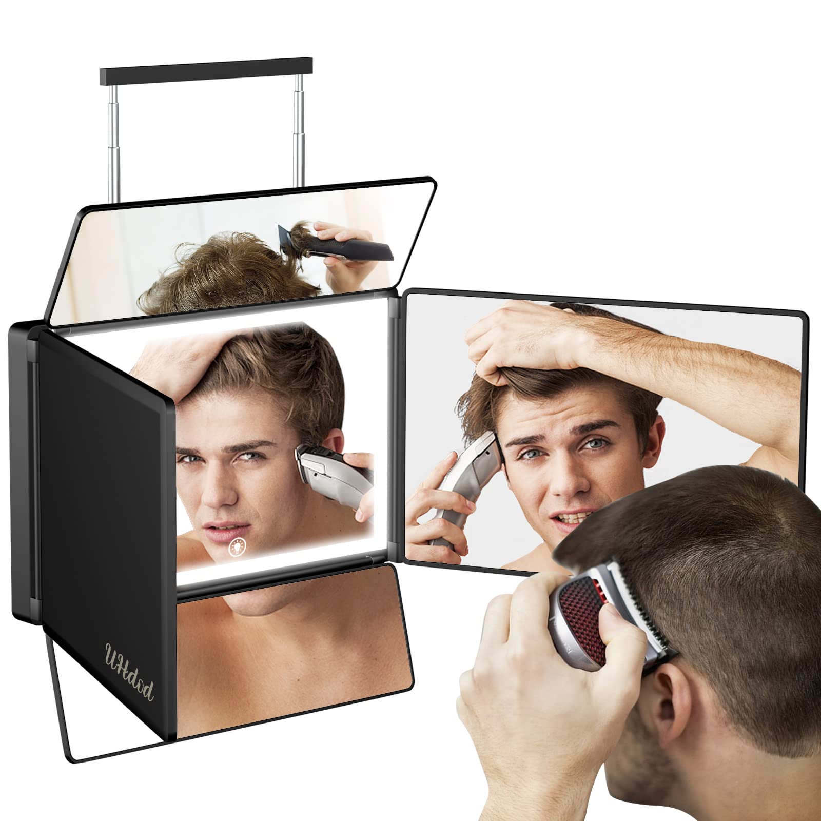 UHdod 5 Way Mirror for Hair Cutting with LED Light, 360 Barber Mirrors with Adjustable Height Brackets, Makeup Mirror for Self C