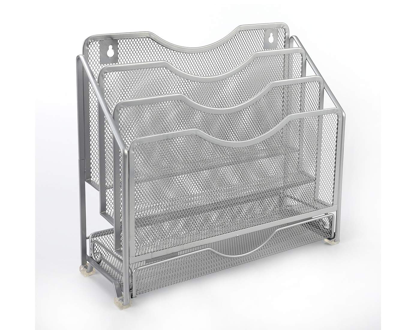 Easypag Mesh Desk Paper Organizer Wall Hanging File Holder With 3 Upright File Rack And Sliding Drawer,Silver