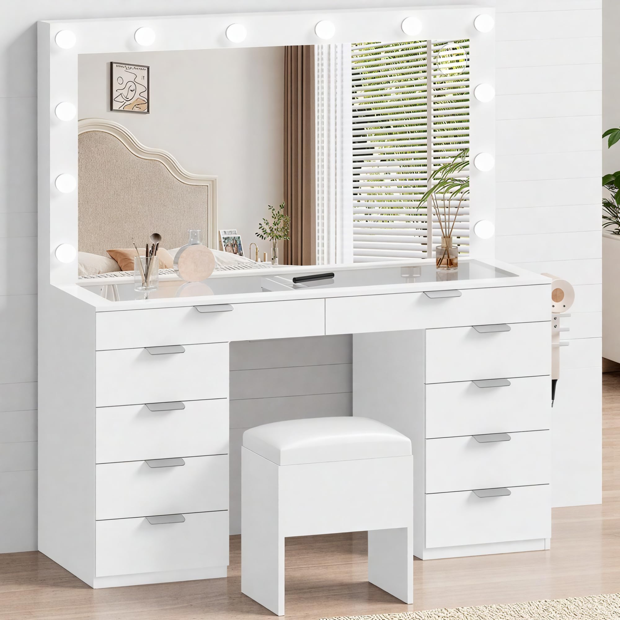 DWVO Makeup Vanity Desk, 46 Vanity Desk Set with Mirror and Lights, 10 Storage Drawer, Power Outlet, Chair, Makeup Table Set wit