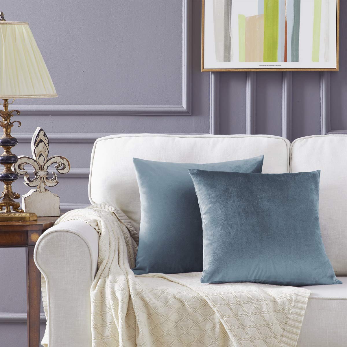 Gigizaza Decorative Throw Pillow Covers 24 X 24,Set Of 2 Sofa Cushion Grey Blue Pillow Covers,Velvet Pillow Square Cushion Cover