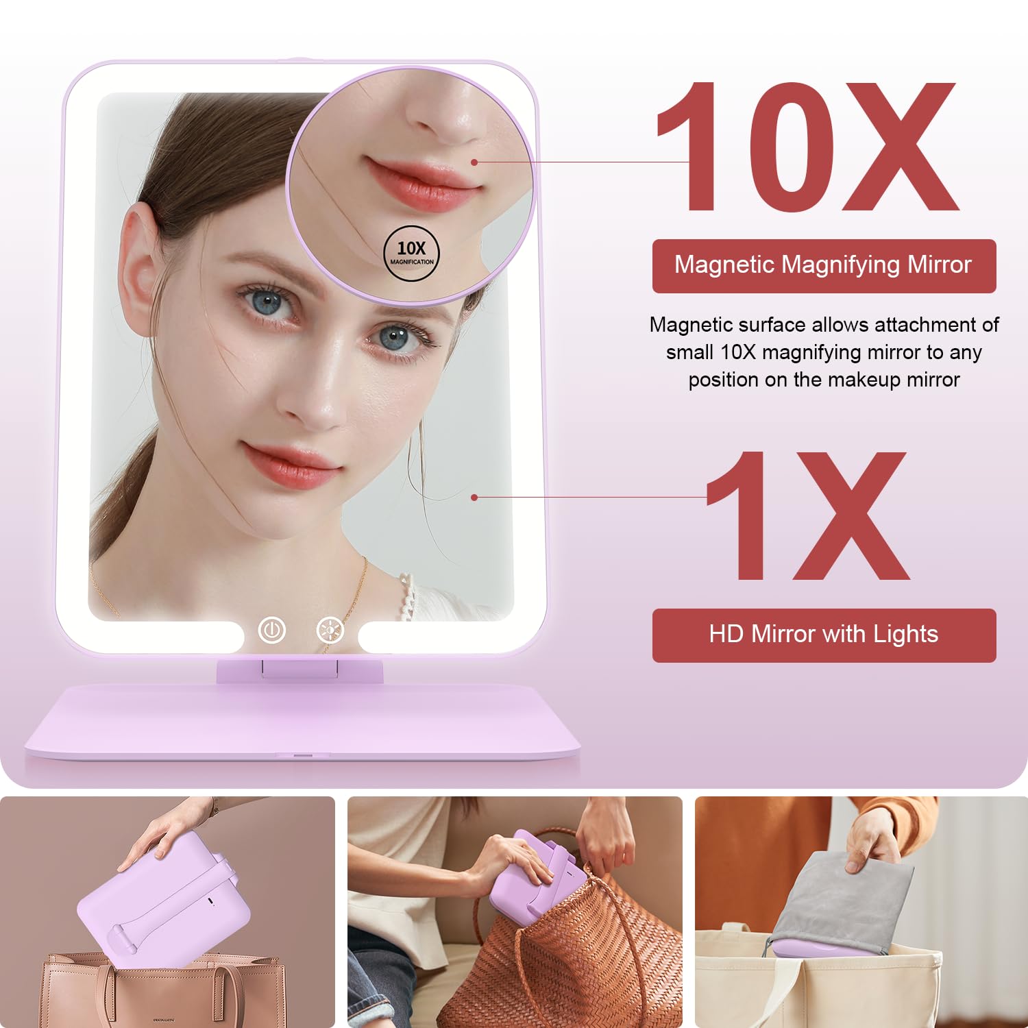 Gospire Travel Makeup Mirror With Lights And Magnification 10X, Portable Make Up Compact Tabletop Mirror With Adjustable Stand,