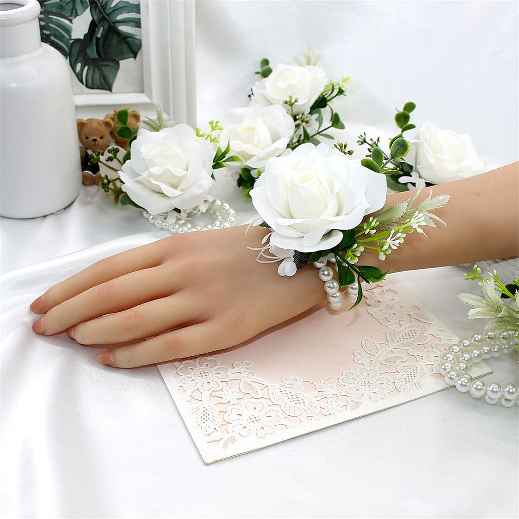 Meldel White Corsage And Boutonniere Set, Ivory Boutonniere, Prom Flower Wrist Corsage Bracelets, Homecoming Corsage Wristlet, M