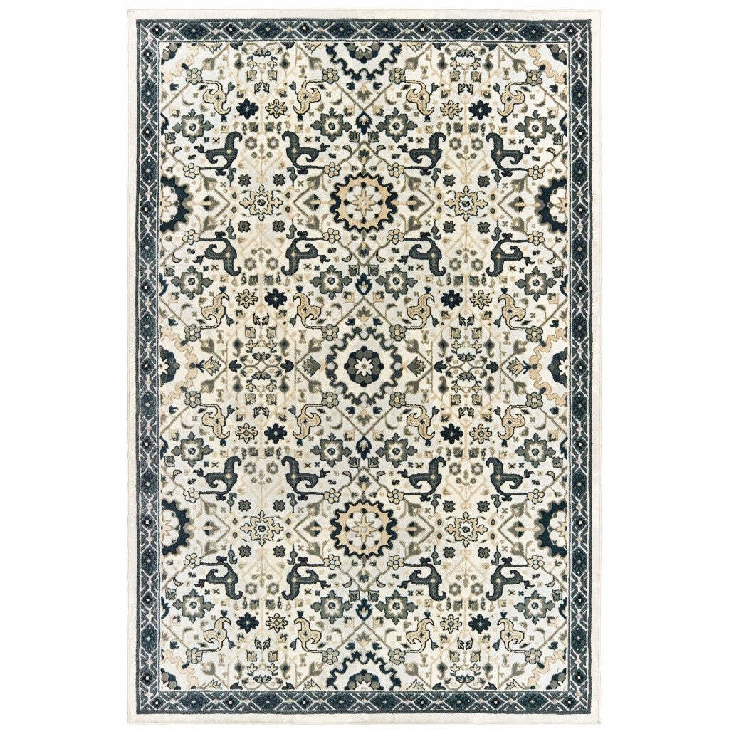 HomeRoots 508367 10 x 13 ft. Ivory Navy & Gold Oriental Power Loom Stain Resistant Rectangle Area Rug