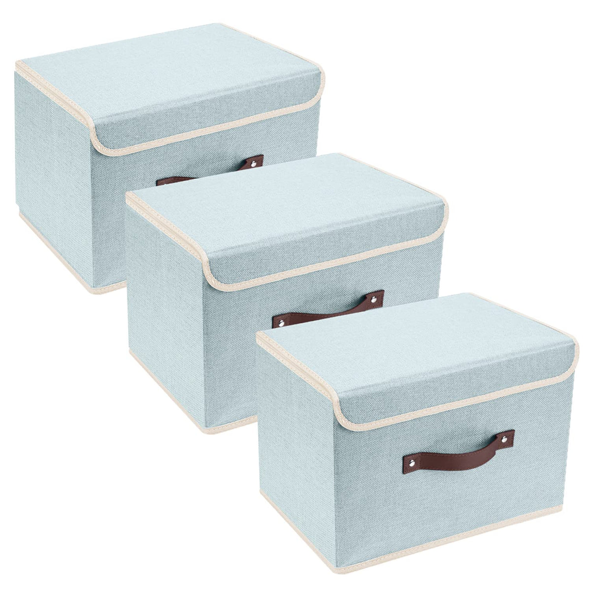TYEERS Collapsible Storage Boxes, Washable Fabric Storage Bins with Lids, 14.9x9.8x9.8 inches, 3 Pack, Aqua Spring