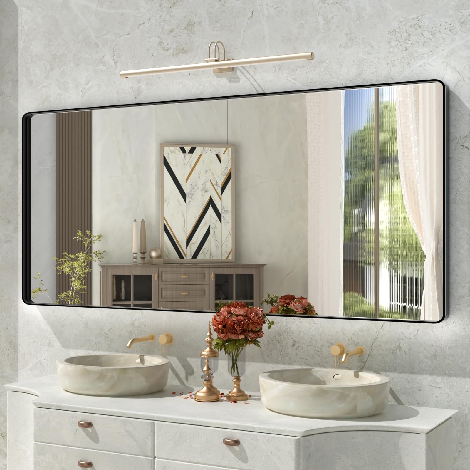 ISTRIPMF Matte Black Bathroom Mirror,72x32 Inch Large Black Metal Frame Vanity Mirror,Round Corner Black Rectangle Mirror for Wa