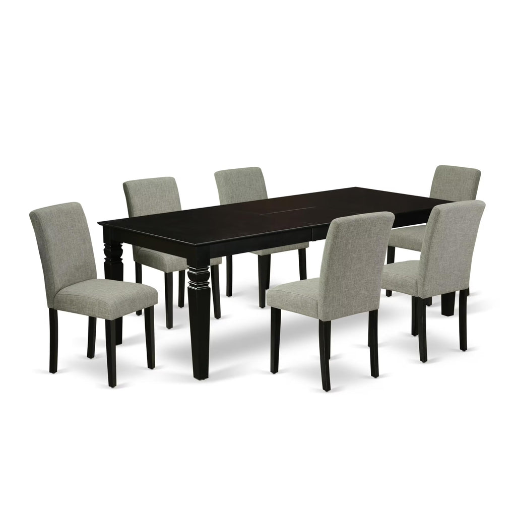 East West Furniture Lgab7-Blk-06 7 Piece Dining Room Table Set Consist Of A Rectangle Wooden Table With Butterfly Leaf And 6 Shitake Linen Fabric Upholstered Chairs, 42X84 Inch, Black