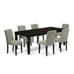 East West Furniture Lgab7-Blk-06 7 Piece Dining Room Table Set Consist Of A Rectangle Wooden Table With Butterfly Leaf And 6 Shitake Linen Fabric Upholstered Chairs, 42X84 Inch, Black