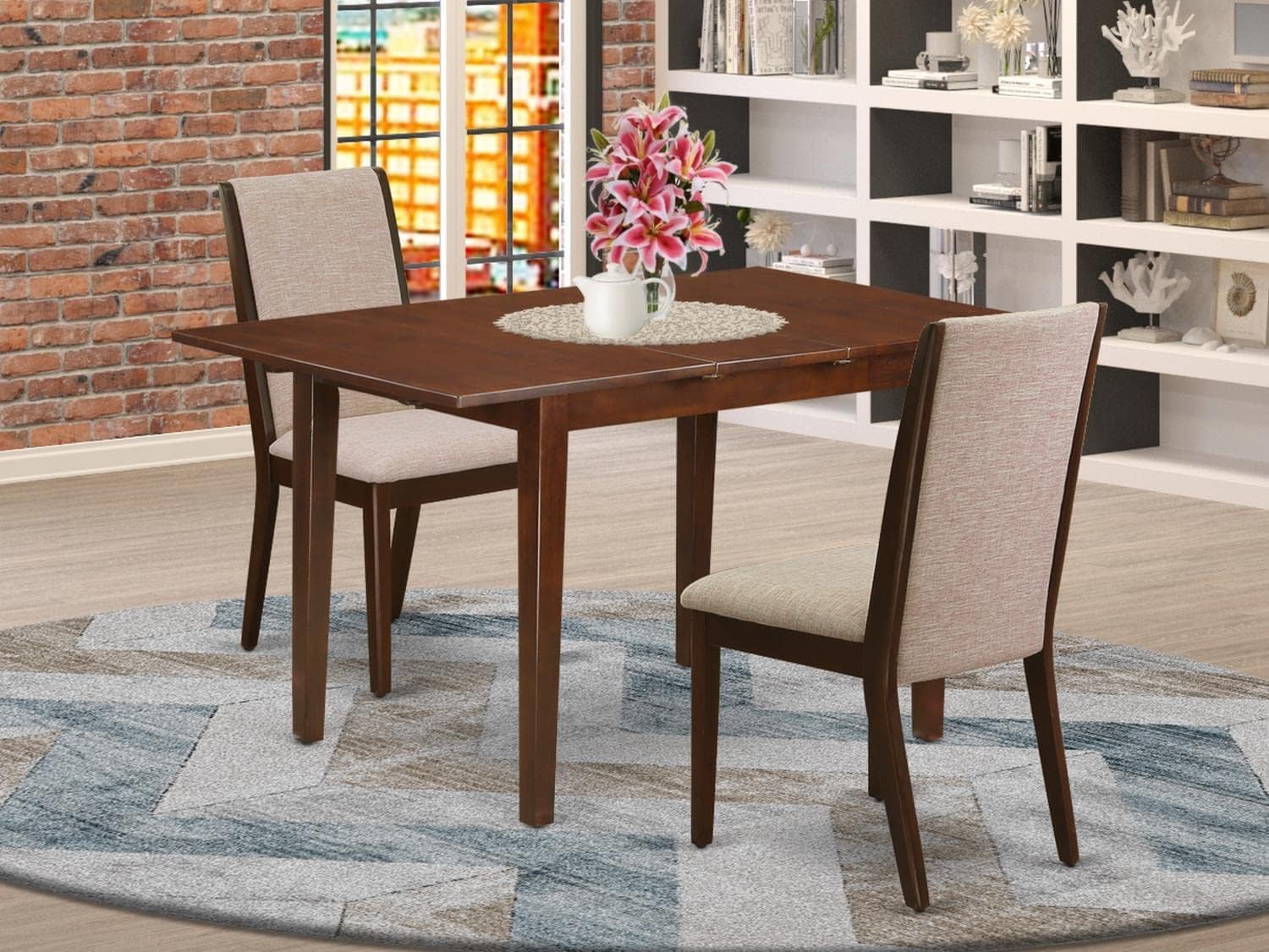 East West Furniture Nfla3-Mah-04 3 Piece Dining Room Table Set Contains A Rectangle Kitchen Table With Butterfly Leaf And 2 Light Tan Linen Fabric Parsons Chairs, 32X54 Inch, Mahogany