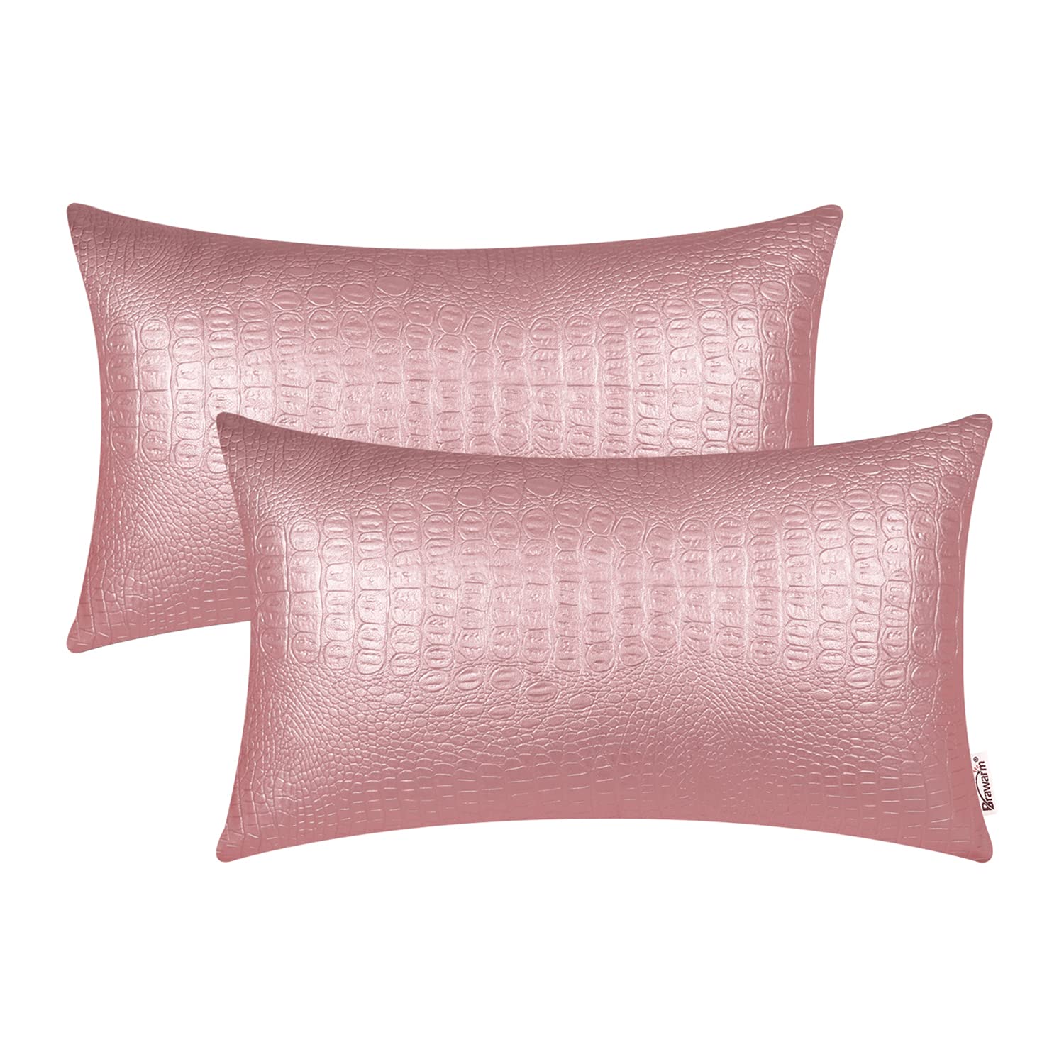 Brawarm Faux Leather Pillow Covers 12 X 20 Inches, Rose Gold Leather Pillow Covers Pack Of 2, Crocodile Leather Decorative Lumba