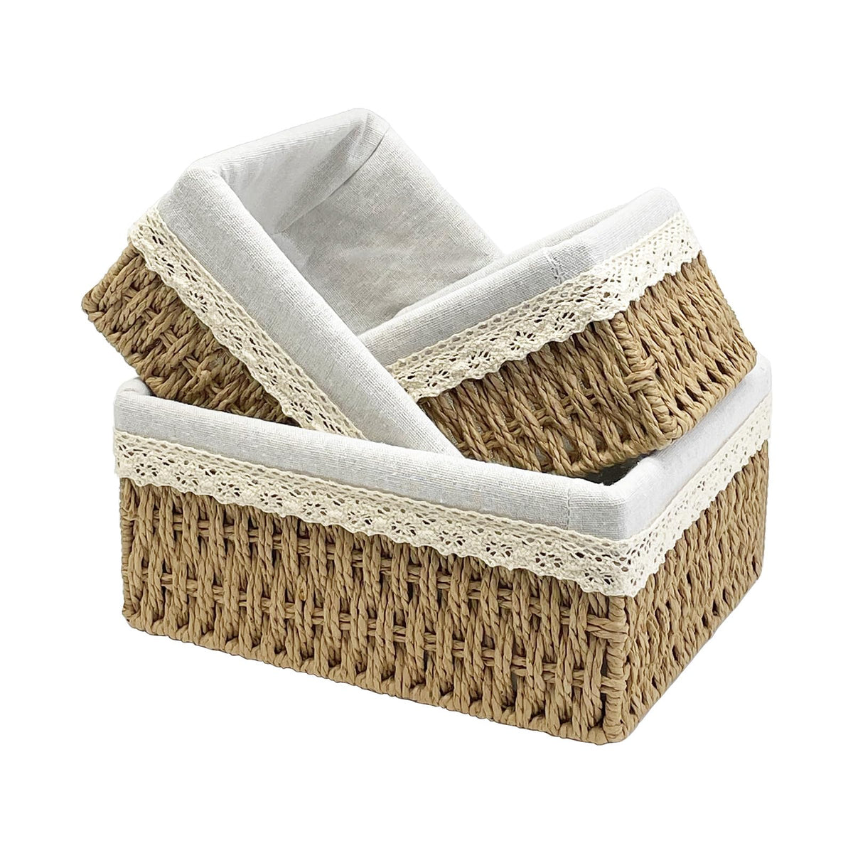 Wicker Storage Baskets Set of 3, Handwoven Paper Rope Organizer Bins with Removable Floral Liner, Small Medium Large for Bathroo