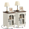 Narrow Side Table Set of 2,White Nightstand with Charging Station,End Table with Glass Barn Door Storage, Cabinet Organizer with