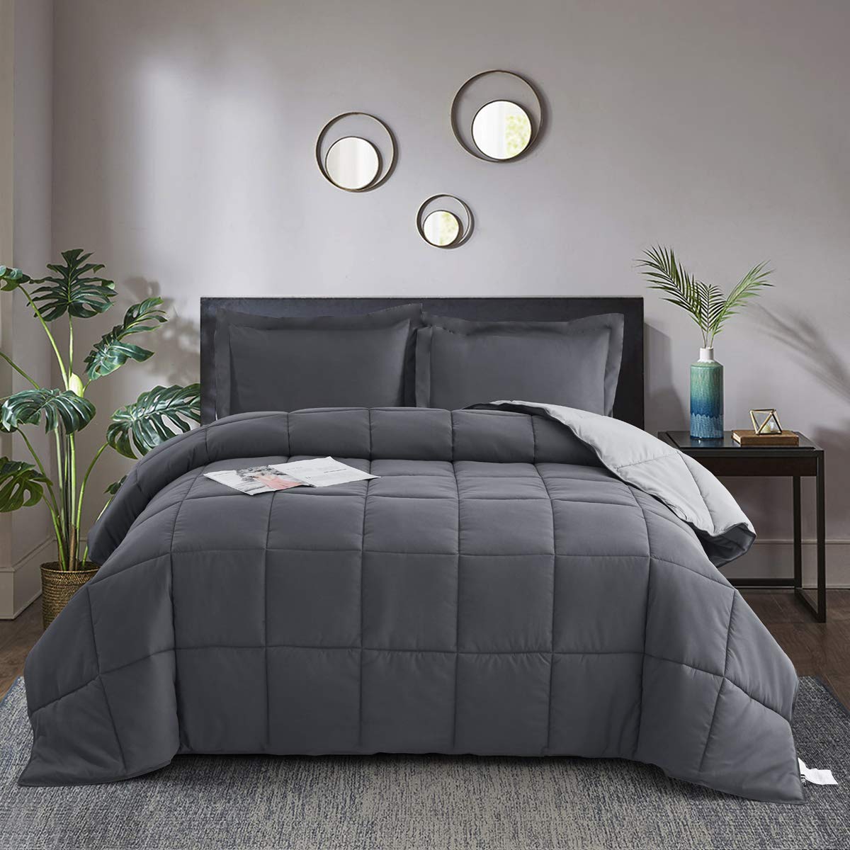 Hig 3 Pieces Grey California King Comforter Set, Modern Breathable Box Stitched Duvet Insert With 2 Shams, Soft Fluffy All Seaso