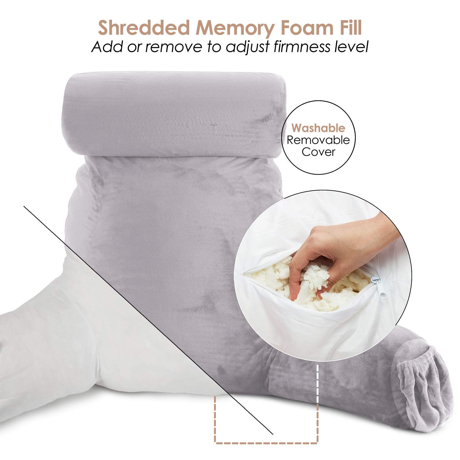 Nestl Reading Pillow Large Bed Pillow, Back Pillow For Sitting In Bed Shredded Memory Foam Chair Pillow, Reading & Bed Rest Pillows Grey Lavender Back Pillow For Bed, Bed Chair Arm Pillow With Pockets
