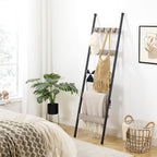 Hoobro Blanket Ladder, 5-Tier Towel Rack With Hooks, Wall-Leaning Blanket Rack, Decorative Display Ladder Shelf, Scarves, Indust