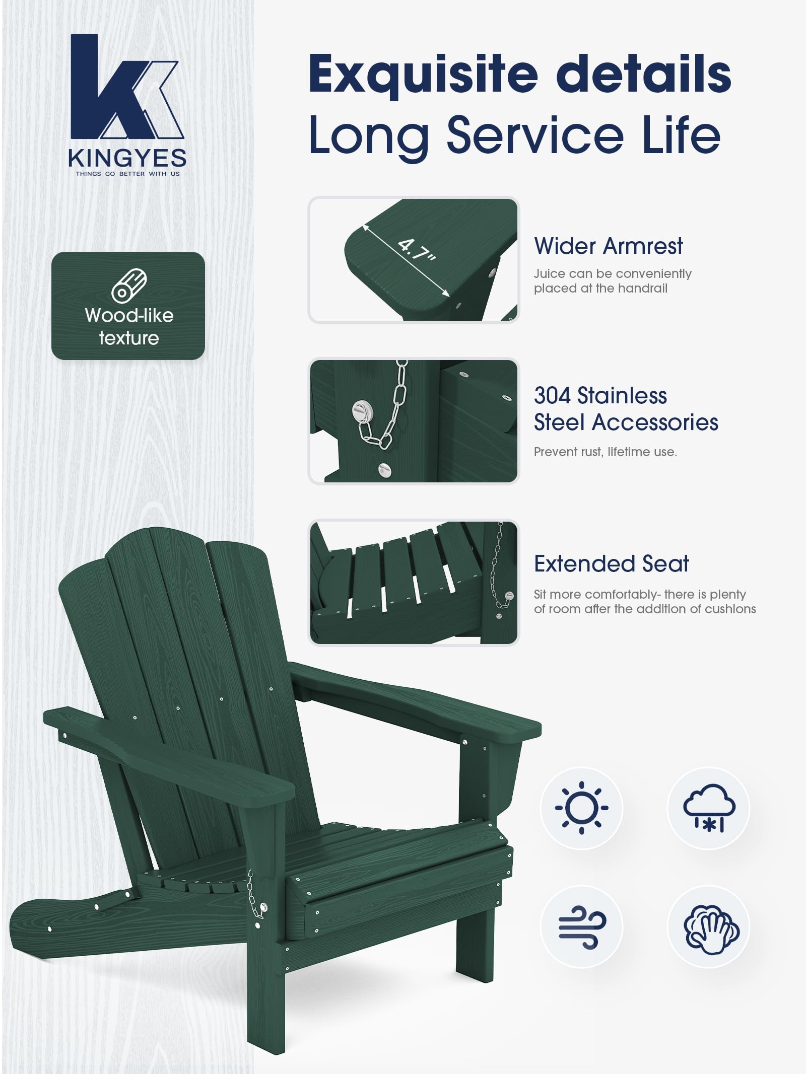Kingyes Folding Adirondack Chair Set Of 8, Hdpe All-Weather Folding Adirondack Chair, Green