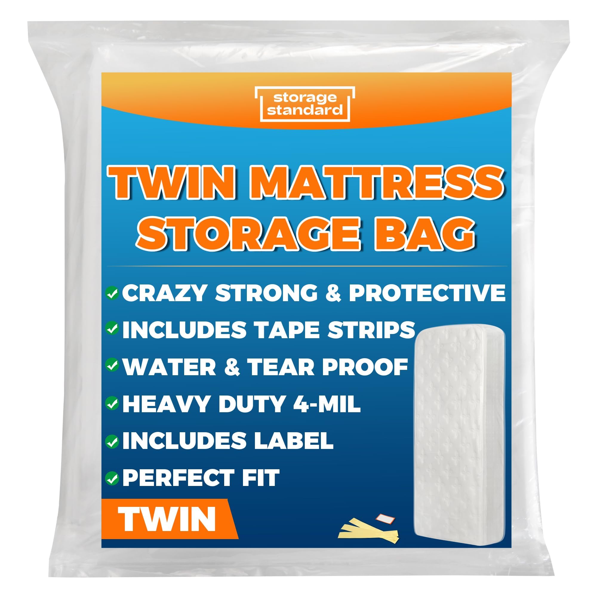 Storage Standard Twin Mattress Storage Bag - Waterproof & Reusable Mattress Bags For Moving, Heavy-Duty 4-Mil Plastic With Tape