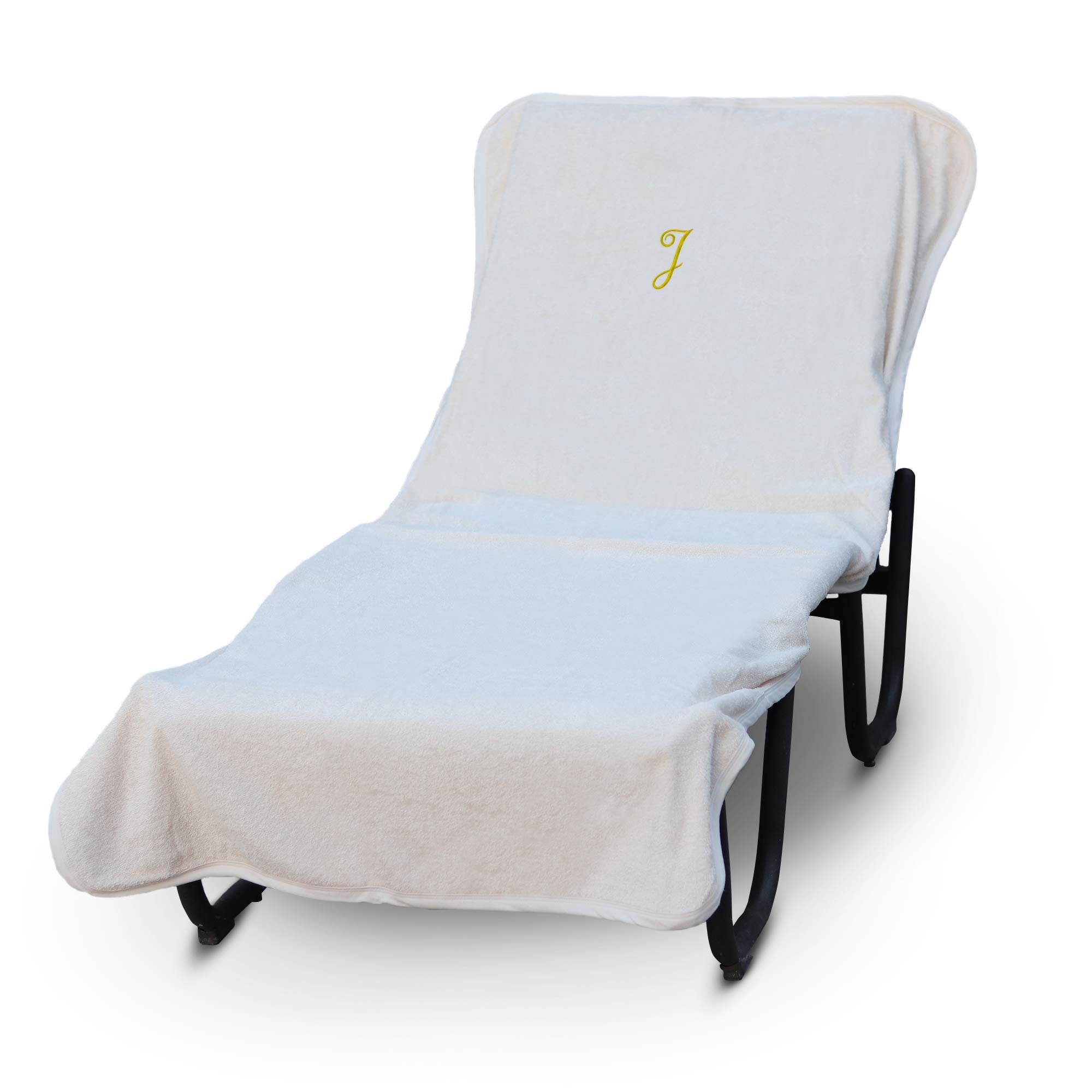Luxury Hotel & Spa Monogrammed Pool Chaise Lounge Cover, Gold Embroidered - Extra Absorbent 100% Turkish Cotton- Soft Terry - Hotel-Style, Standard Size 90' X 29' - Script J White