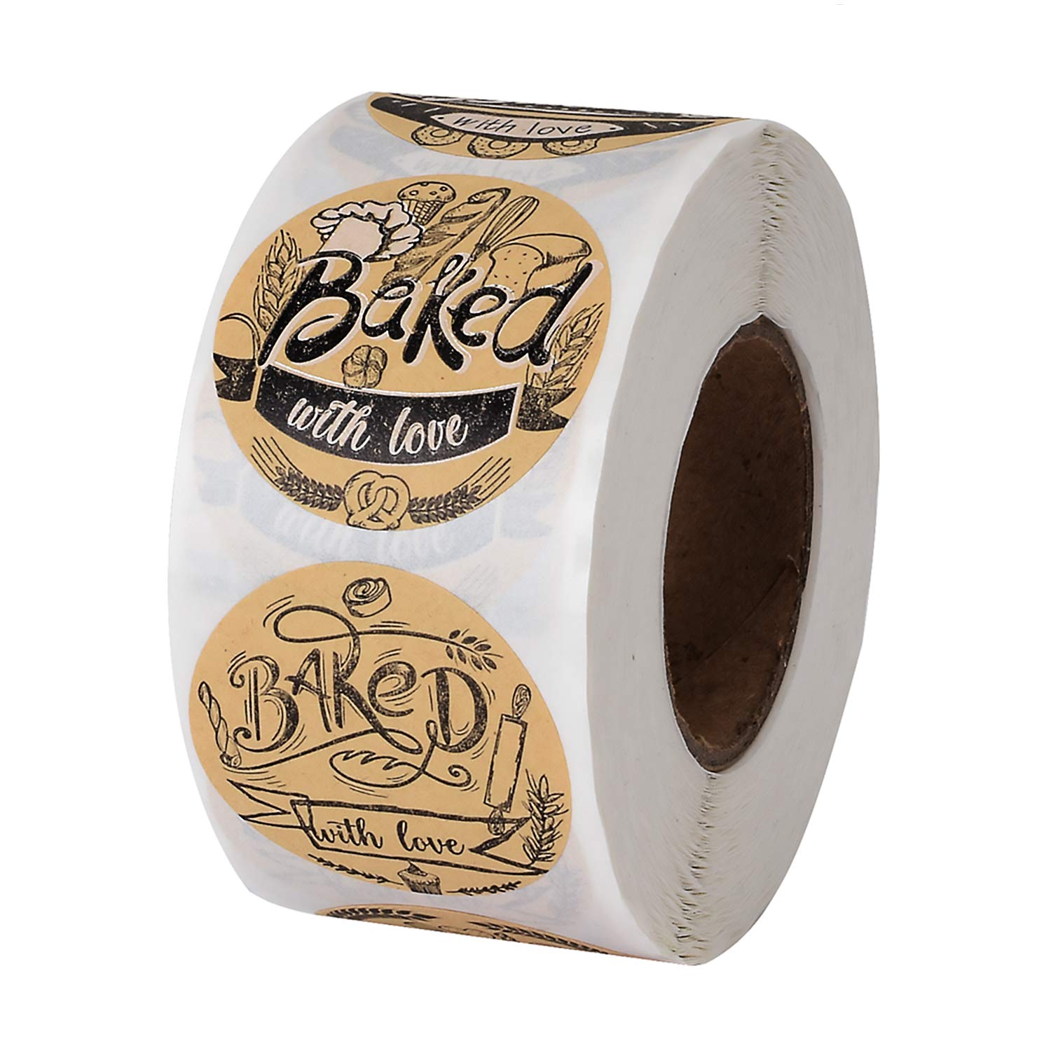 600 Baked With Love Stickers 1.5' Round Natural Kraft 6 Unique Design Perfect For Baked Goods Packing And Wrapping, Add Unique