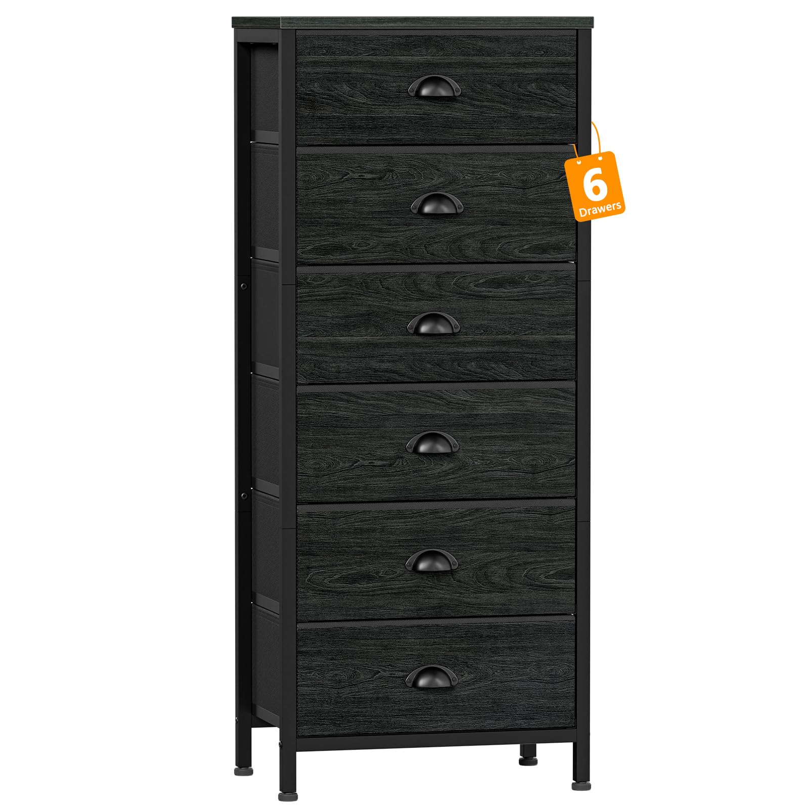 Furnulem Tall Dresser With 6 Drawers,Vertical Bedside End Table & Chest For Bedroom,Black Storage Tower Dorm Nightstand With Fabric Drawer Organizer Unit Furniture In Living Room,Closet,Hallyway